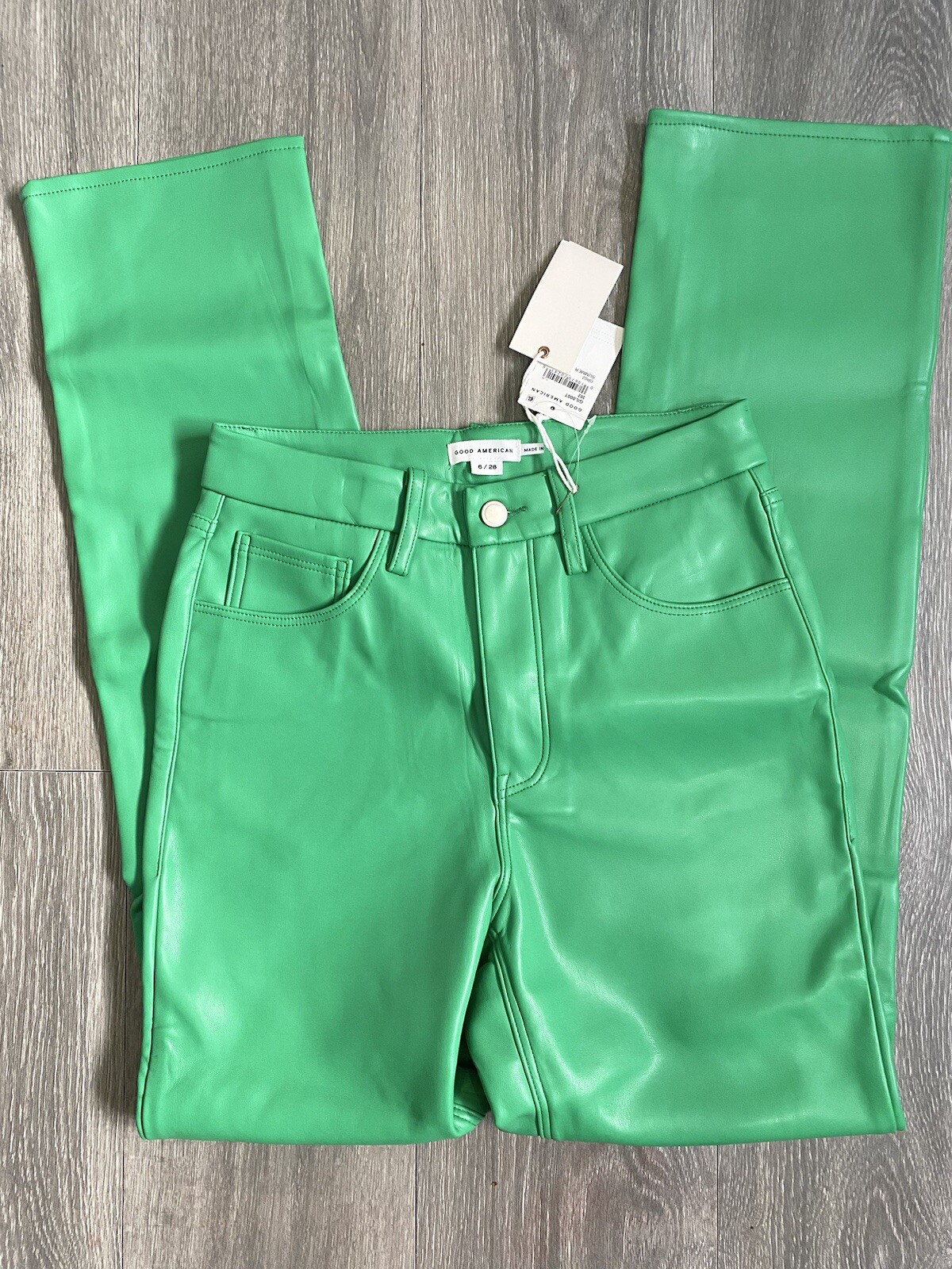 🥝 NWT GOOD AMERICAN FAUX LEATHER SUMMER GREEN PANTS GOOD ICON THICK SIZE 6 / 28
