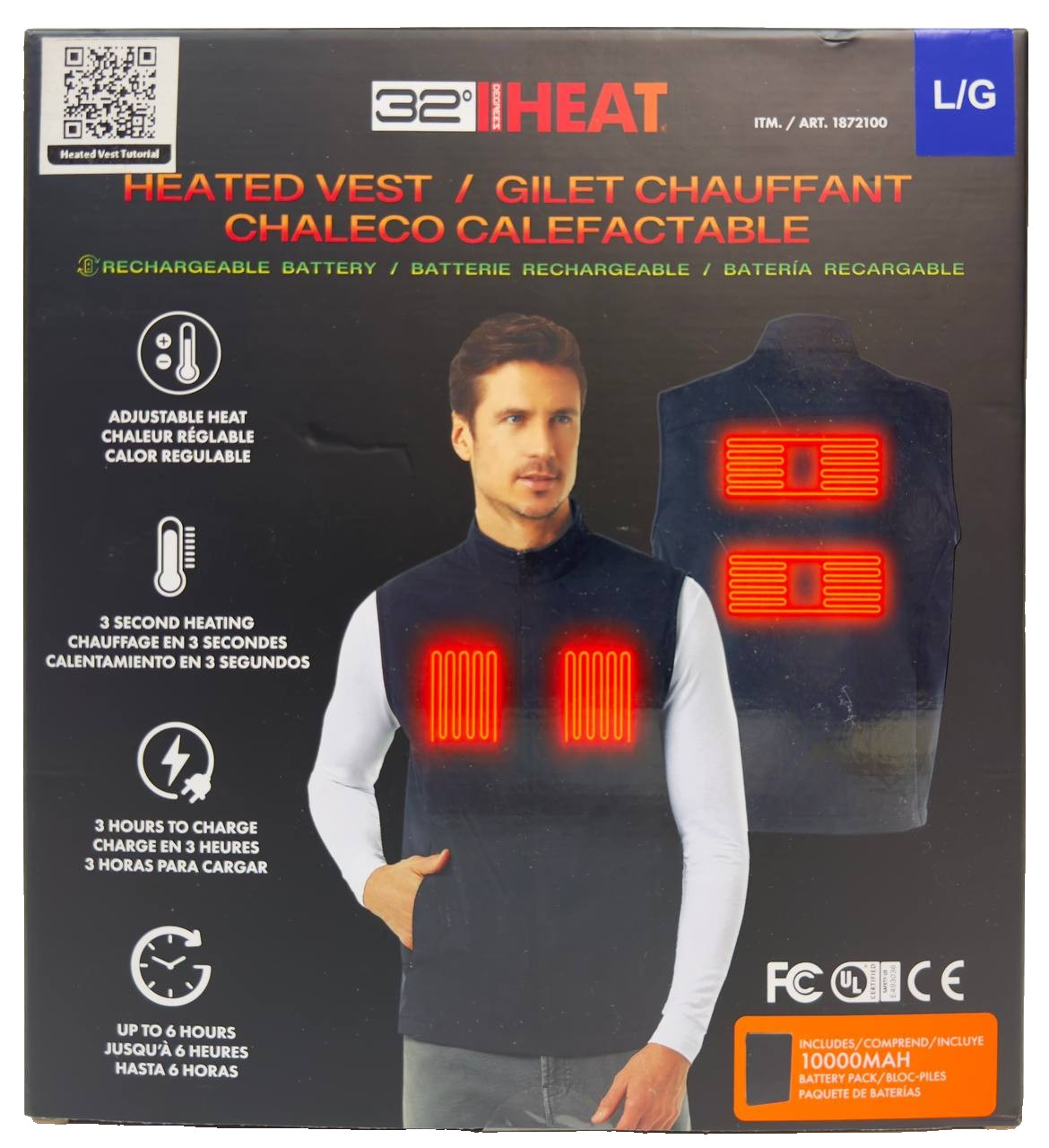 32 Degrees Rechargeable Adjustable Heated Vest, 1000MAH Battery Pack Included, L