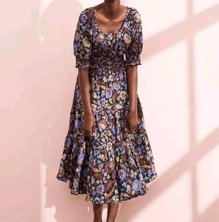 Ann Taylor Midi Peasant Dress Black Floral Tiered Skirt Ruffle Hem Size 2