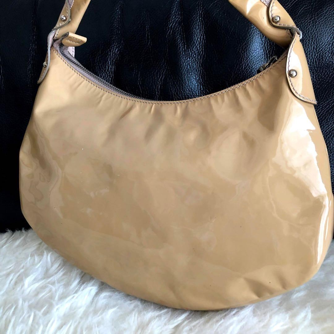 Ferragamo Vara Bag Enamel Leather Handbag 11×7.9in Used, Red Stains