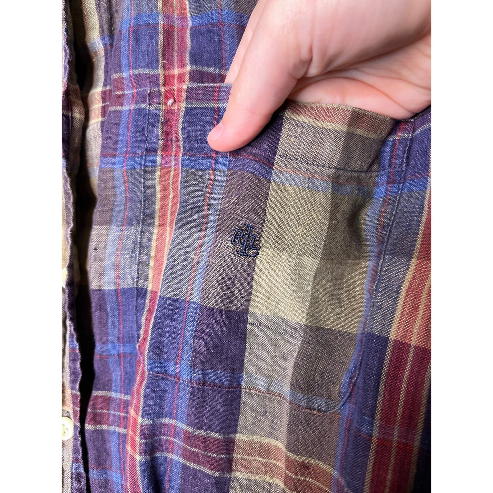 Lauren Ralph Lauren Earth Tones Fall Linen Plaid Madras Old Money Oxford Shirt M