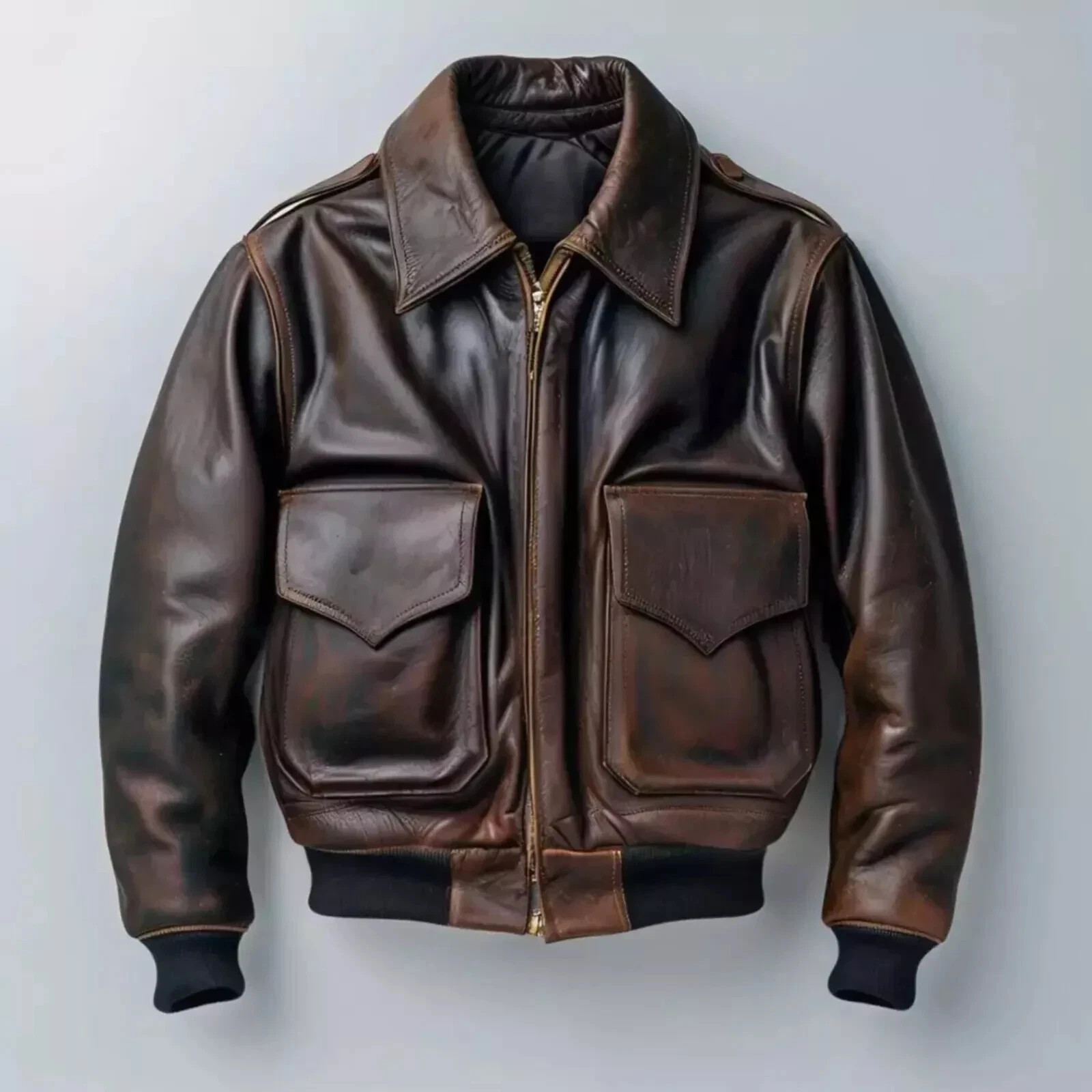 Men’s Air Force Pilot Leather Jacket Cowhide Aviator A-2 Flight Bomber Jacket