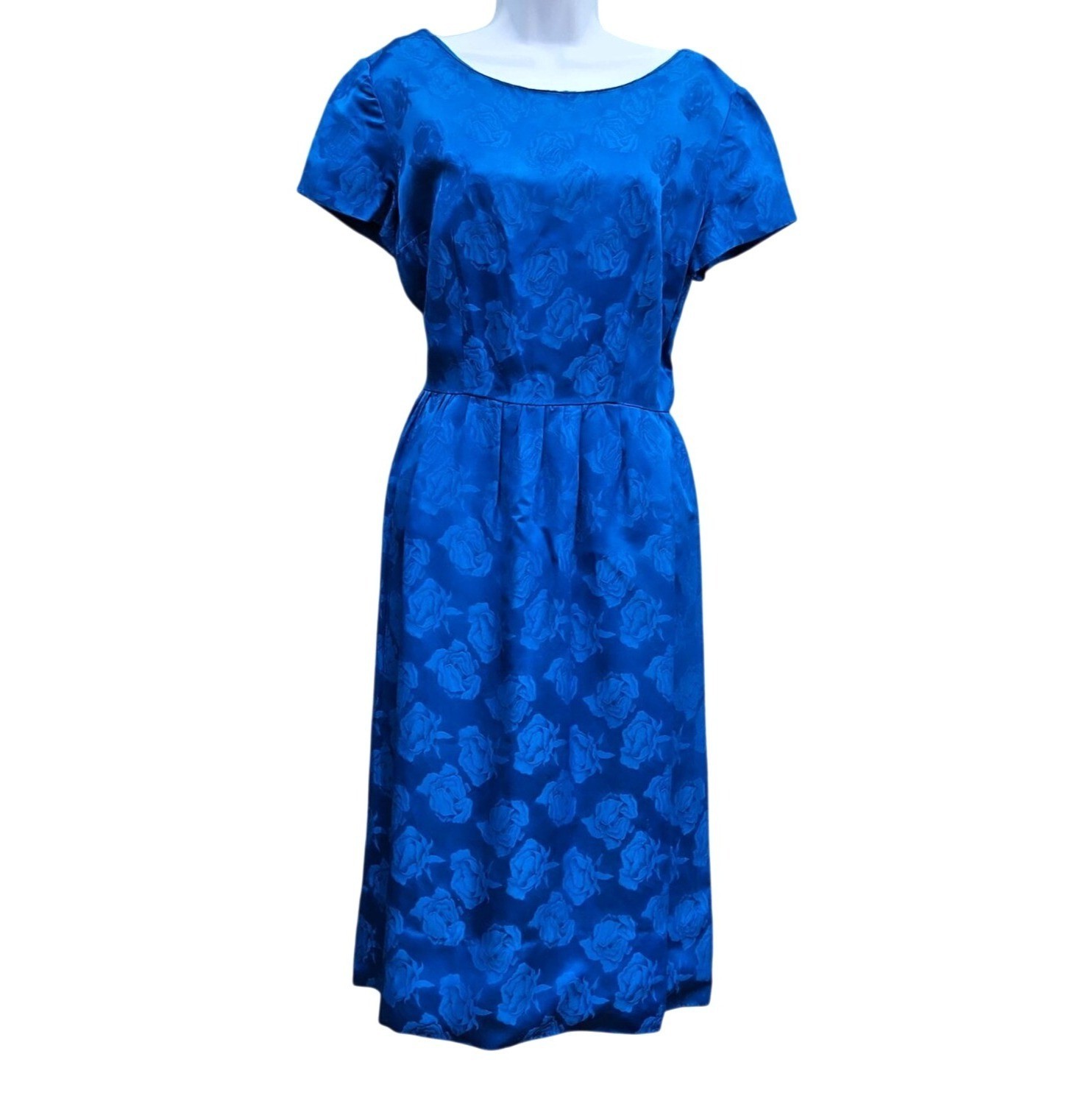 Vintage 50s Blue Rose Brocade Wiggle Dress Hourglass Pinup M 26″ Waist Metal Zip