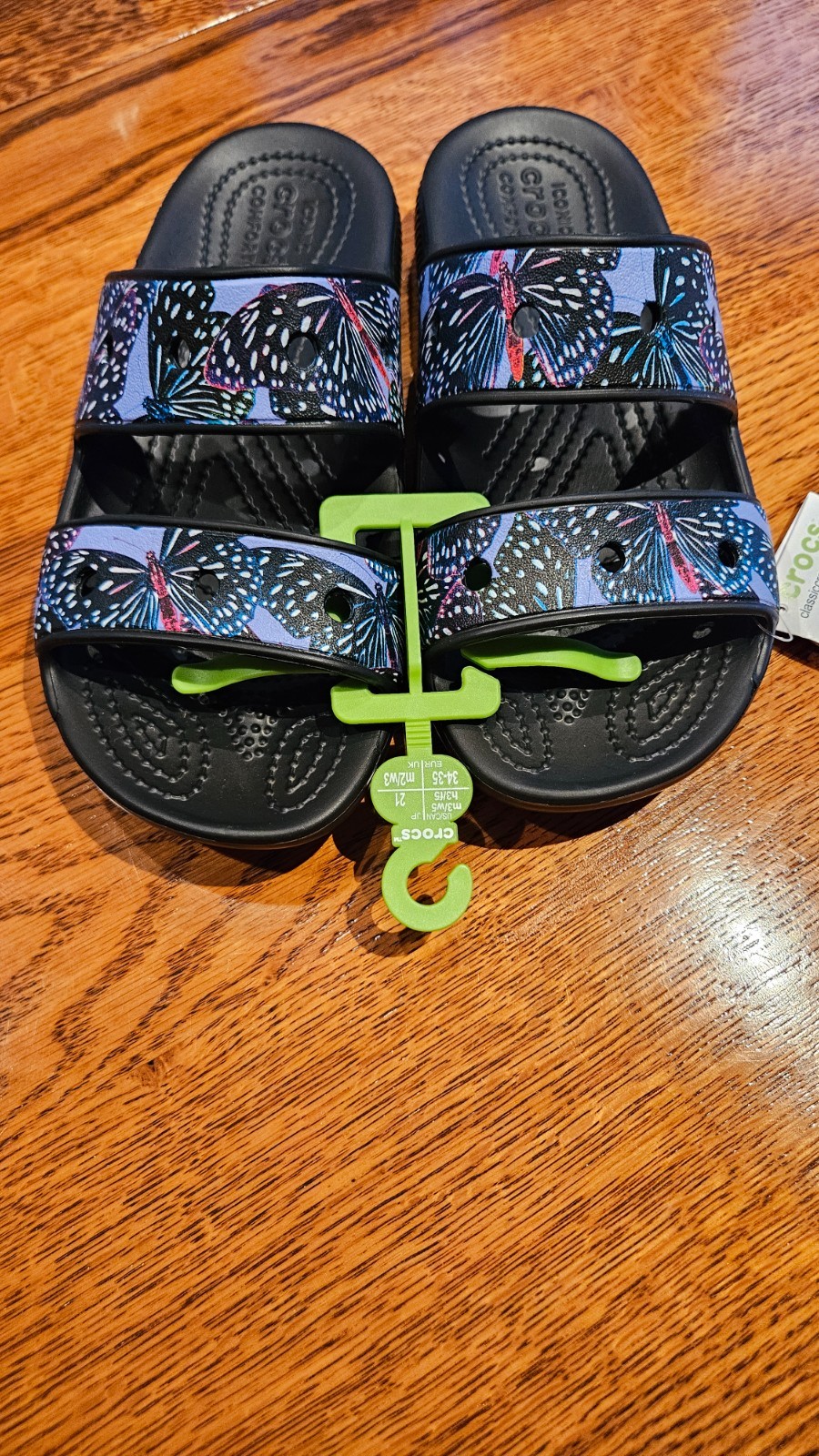 Crocs Classic Slide Sandals Butterfly Black Purple Women’s 5 Men’s 3. NEW