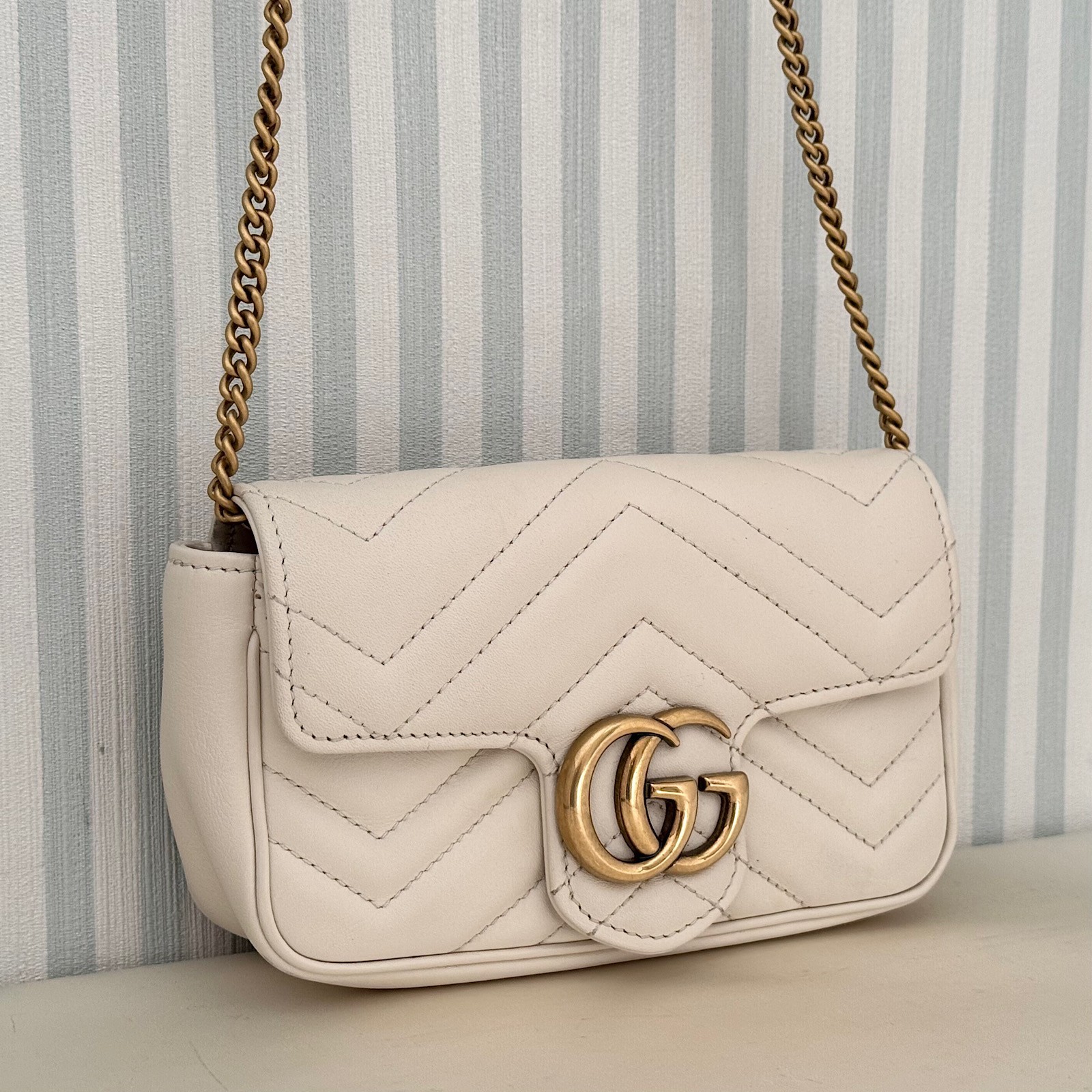 GUCCI GG Marmont 476433 Leather Chain Shoulder Bag White Crossbody with Dust Bag