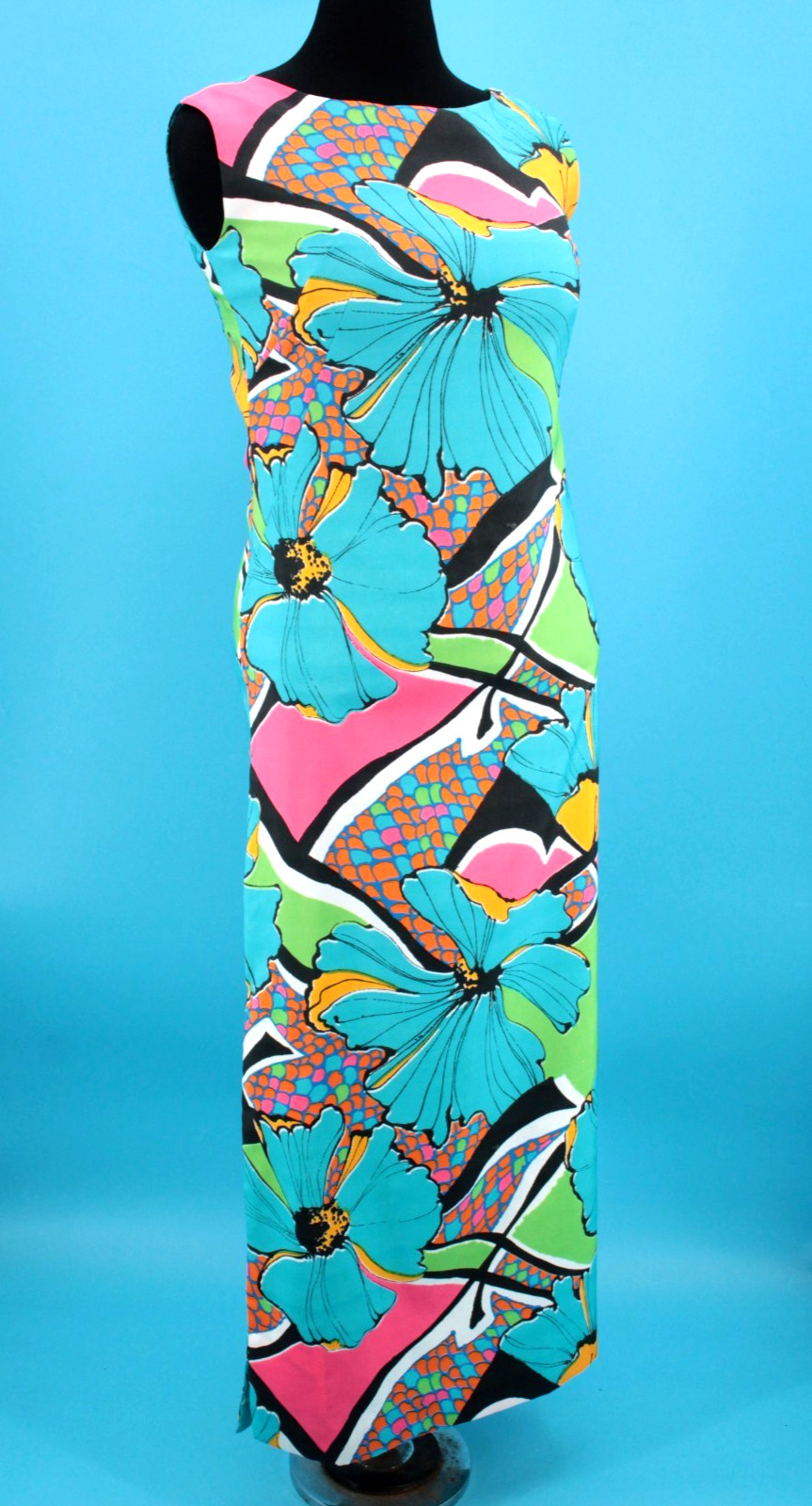 VTG Women’s 60s Colorful Psychedelic Floral & Fish Scale Sheath Dress Sz M 1960s