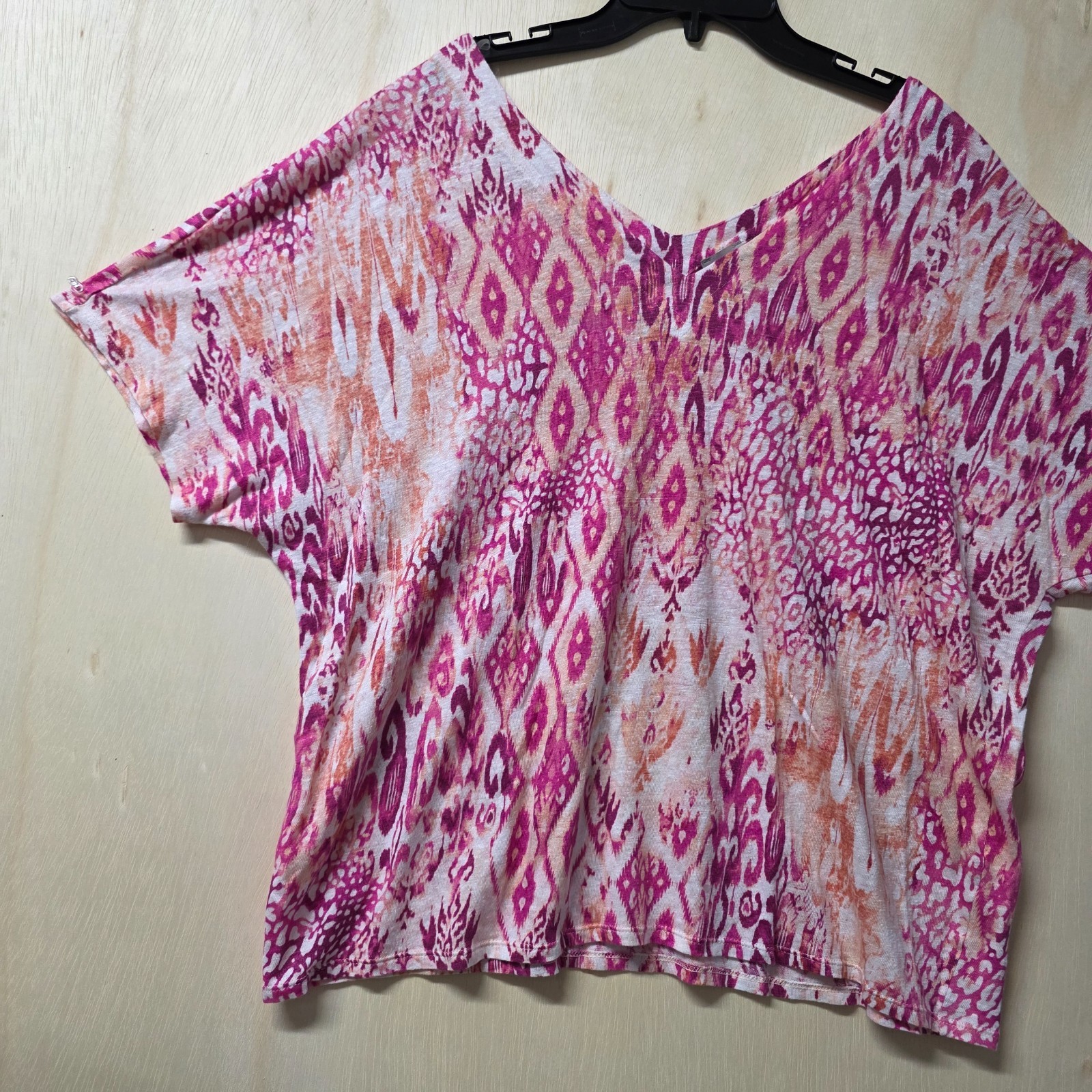 Chicos 4 XXL 100% Linen Ikat Print Dolman Top Pink Peach V Neck Boho