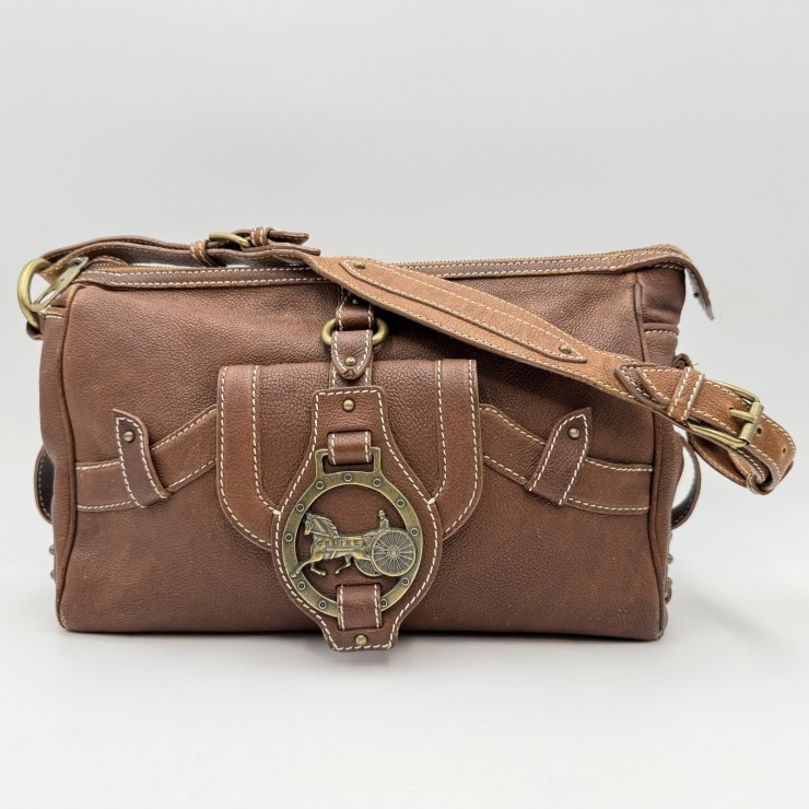 CELINE Horse Carriage Vintage Shoulder Bag Leather Brown Gold-tone Hardware …