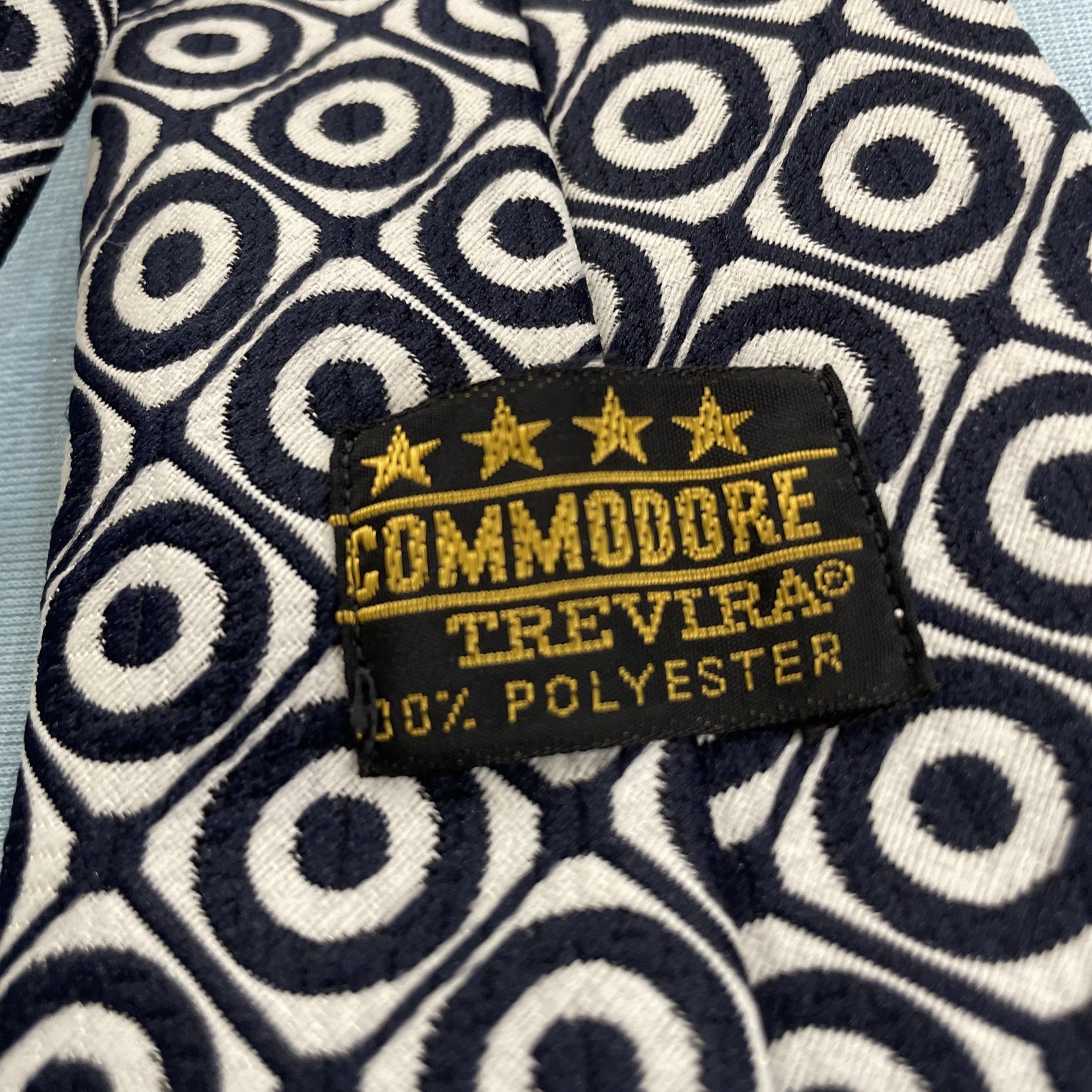 Commodore Trevira Atomic MCM Tie Geometry Circles Blue Wide Vtg 60s Necktie 4×51