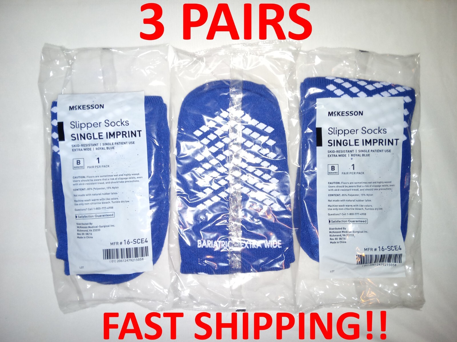 3 Pairs McKesson Bariatric Single Sided Slipper Socks Extra Wide Royal Blue.