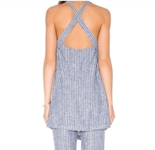 Free People Women’s Asymmetrical Linen Striped Blue And White Tank Top sz 4