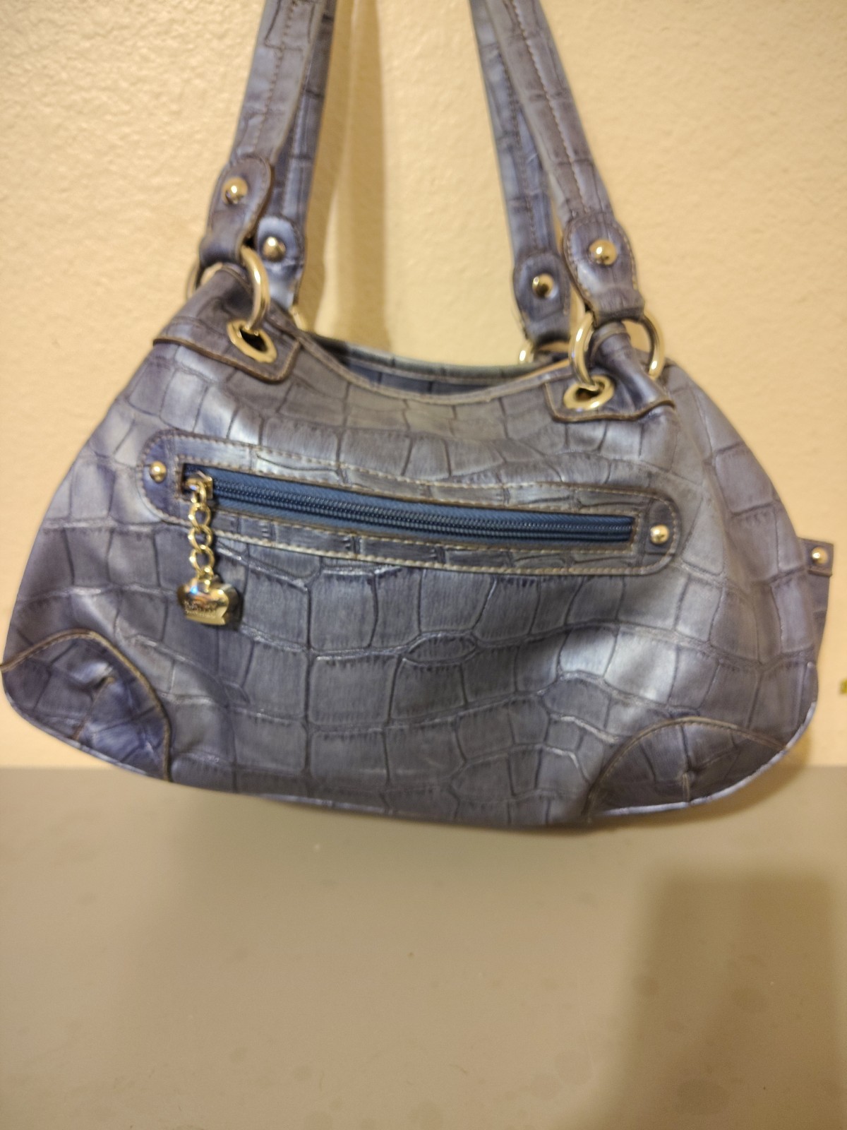 Kathy VanZeeland Metallic Silver Croc-Embossed Handbag with Crest Emblem