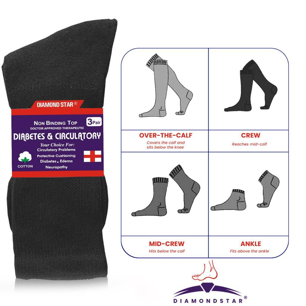 12 Pairs Black New Diabetic Crew Socks Circulatory Health Cotton Loose Fit Top