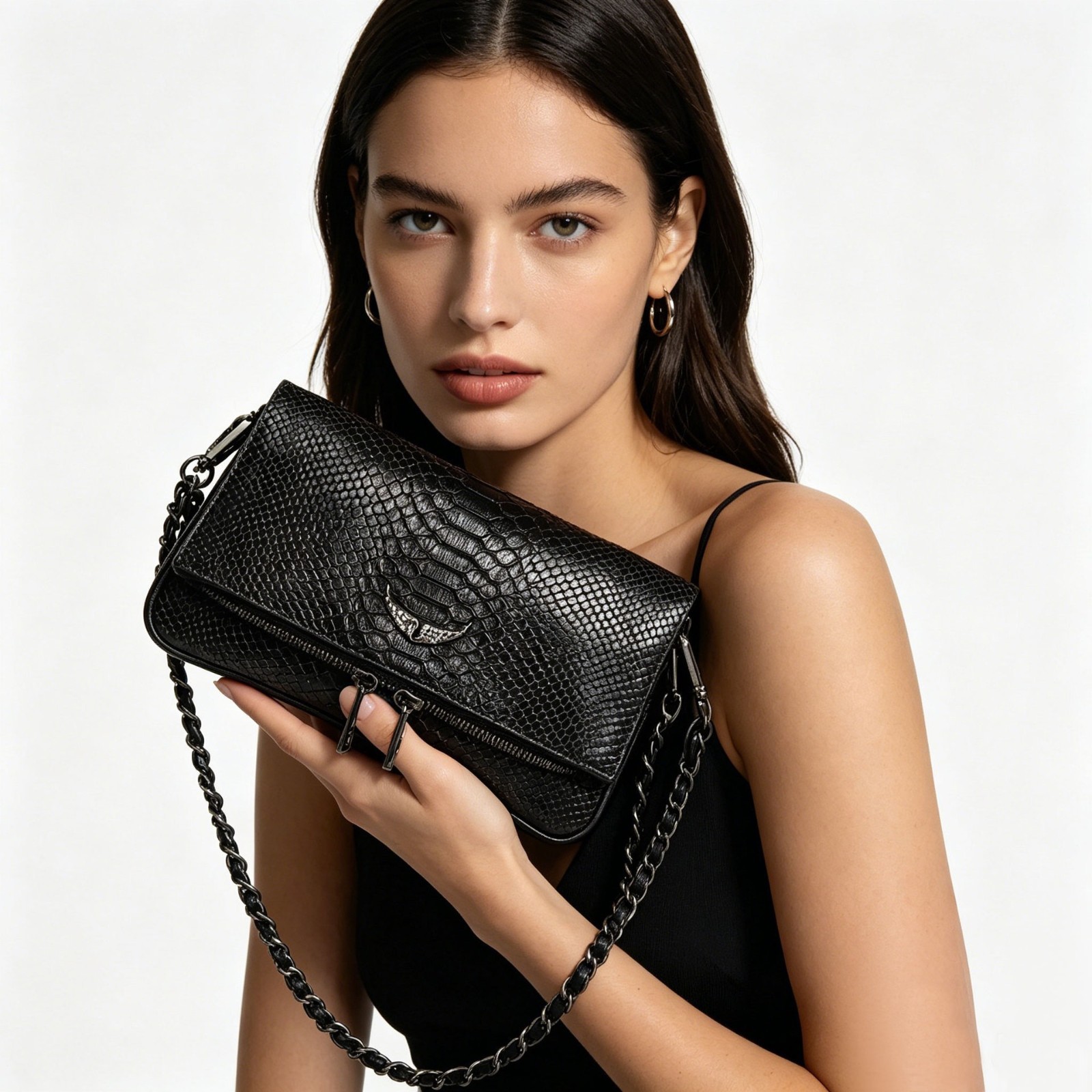 Zadig & Voltaire Rock Wing Black Snake Embossed Leather Crossbody Bag 22x15cm
