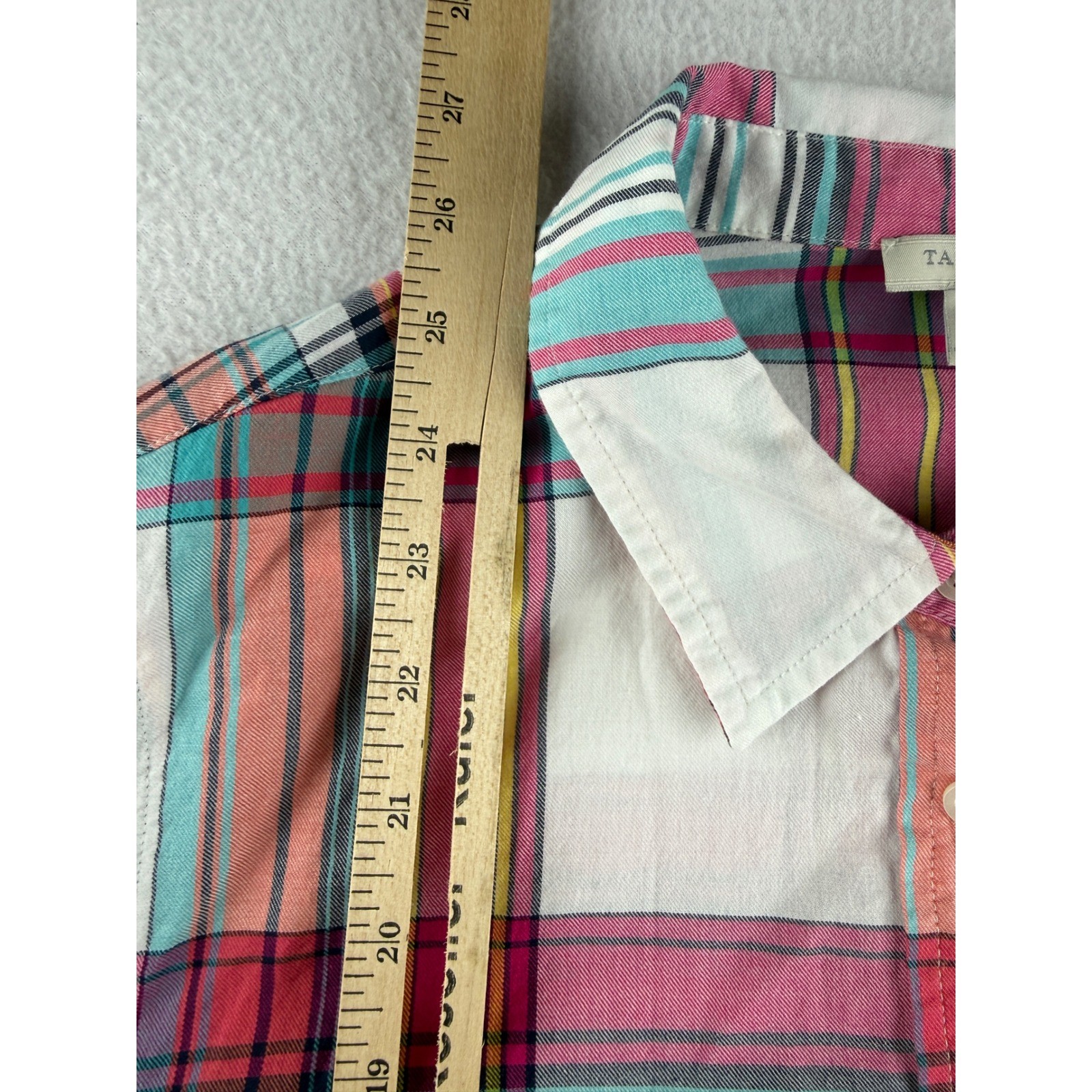 Talbots Womens Pink Teal Plaid Button Down Shirt Roll Tab Sleeve Size M
