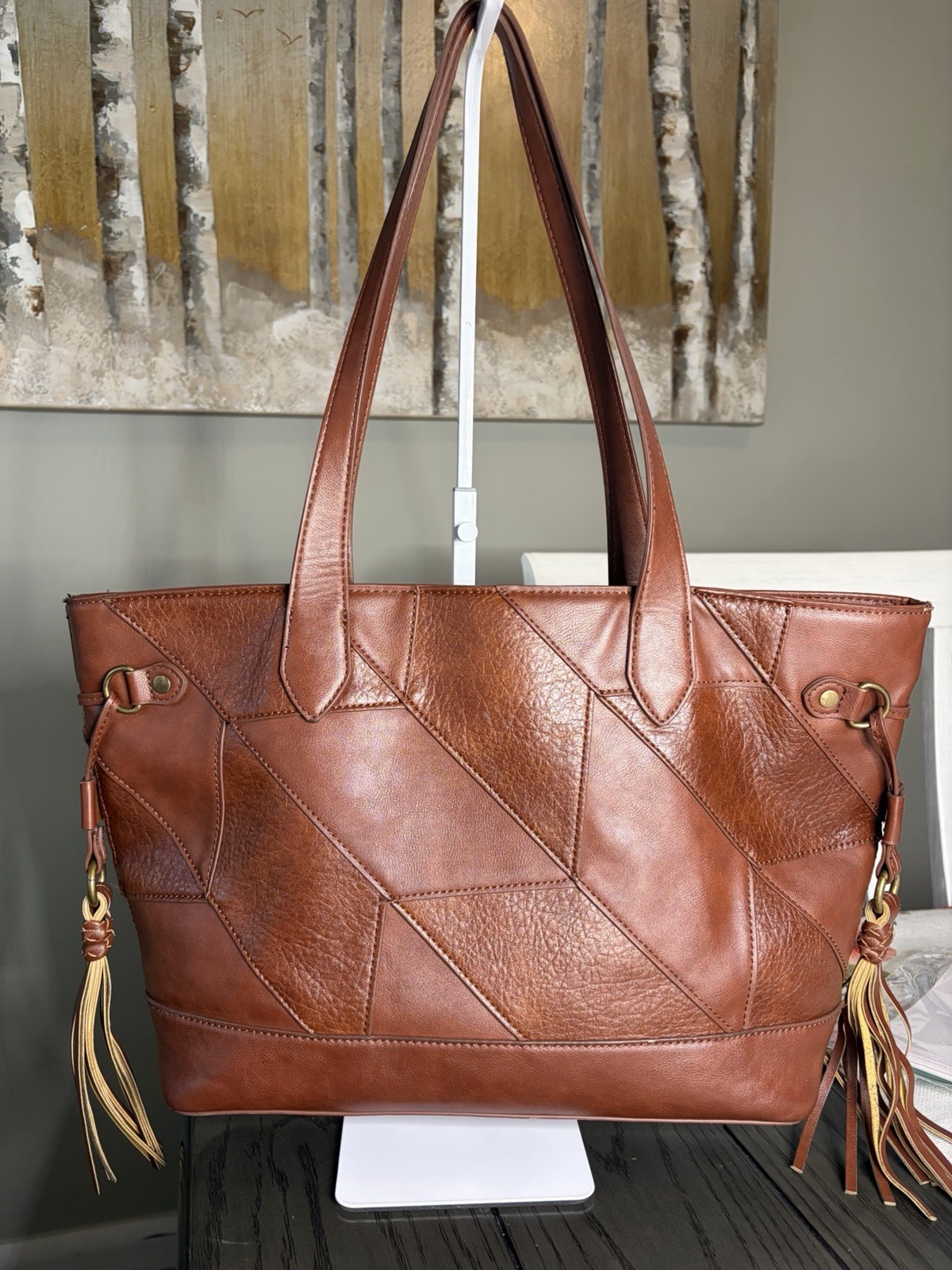 Frye Brown Large Tote Shoulder Bag Tassel Stitching Lined Pockets