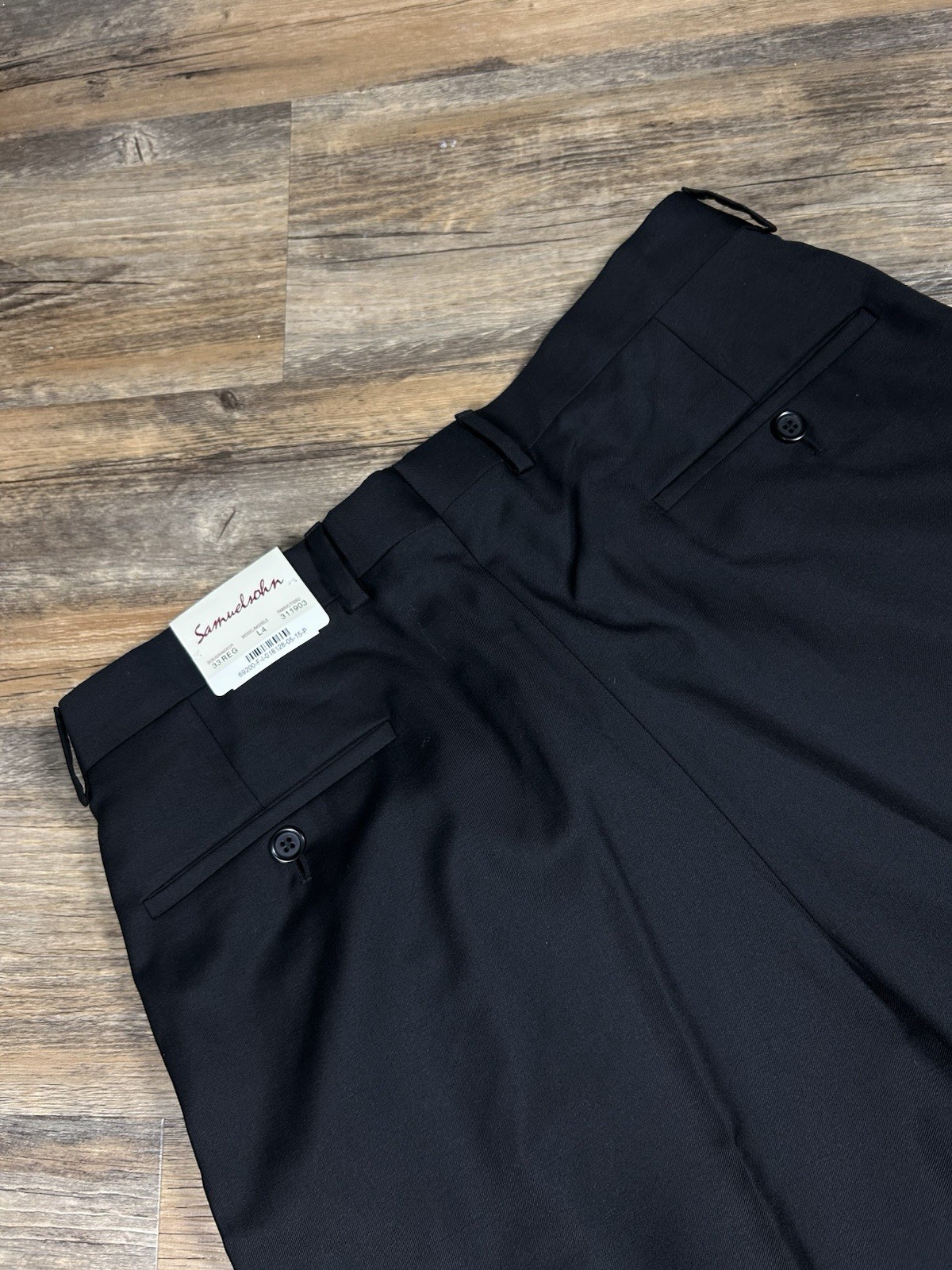 Samuelsohn Pants Men’s 33×38 Unhemmed Black Super 110’s Pleated Wool Italy L-4
