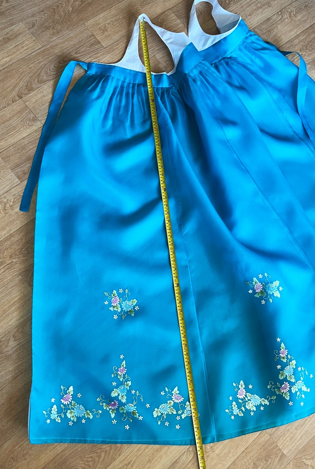 M Silk Traditional Korean Hanbok Set–Turquoise Blue Top/ Skirt with Floral Print