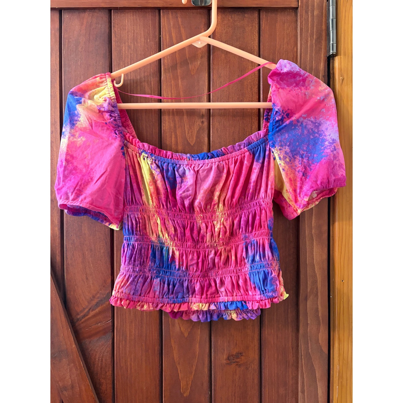 Bar III Women Tie Dye Smocked Puff Sleeve Crop Top Pink Blue XS