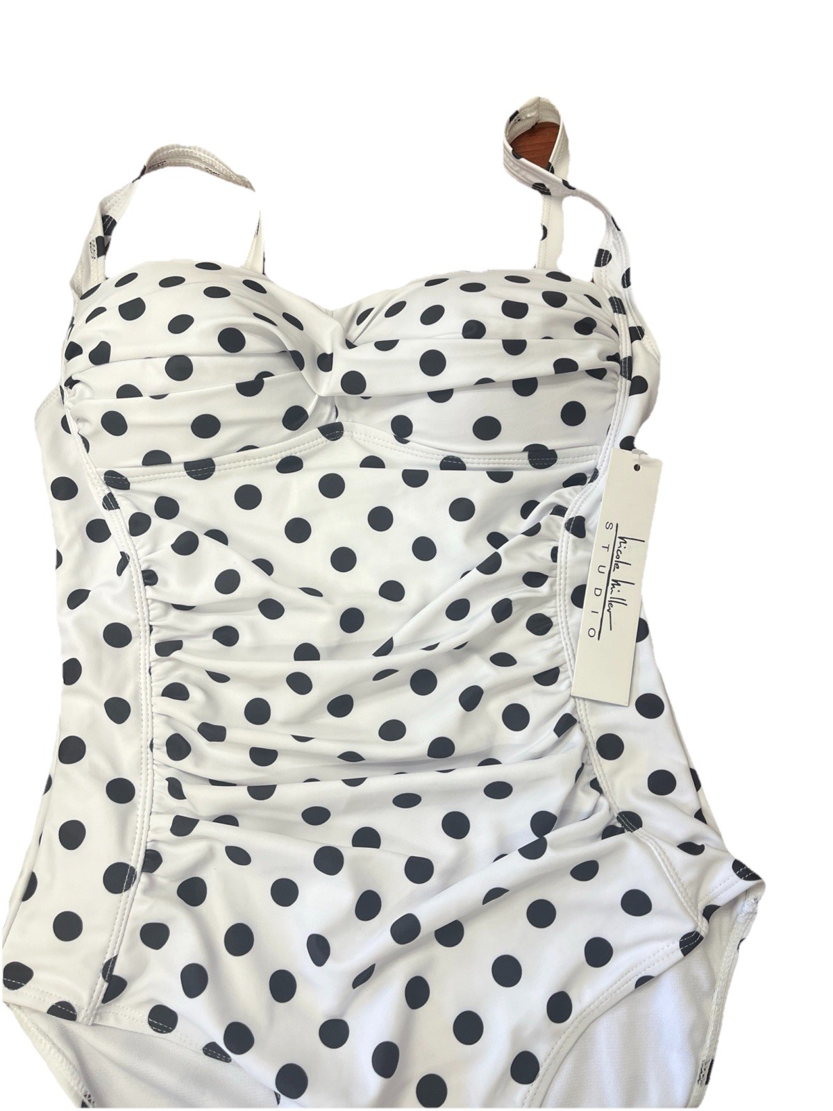 Bandeau Swimsuit 1 Piece White With Black Polkadots Size SM