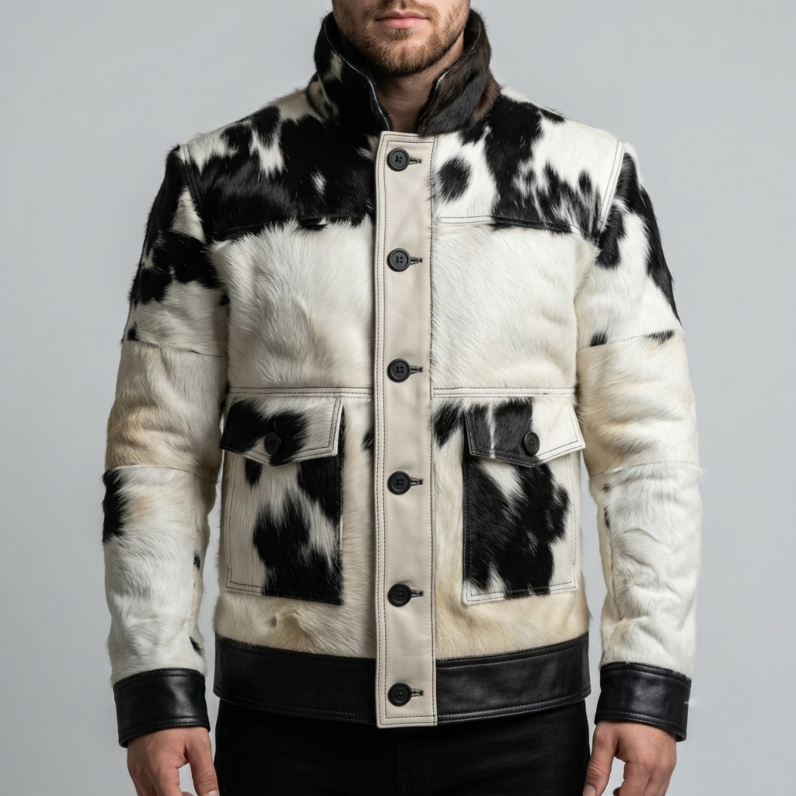 Men’s Black White Cowhide Leather Jacket Hair On Hide Western Bomber Jacket Pony