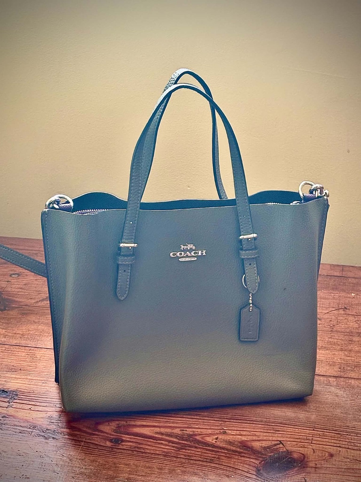 COACH Mollie Tote 25 Leather Shoulder Bag in Military Green Purple Interior