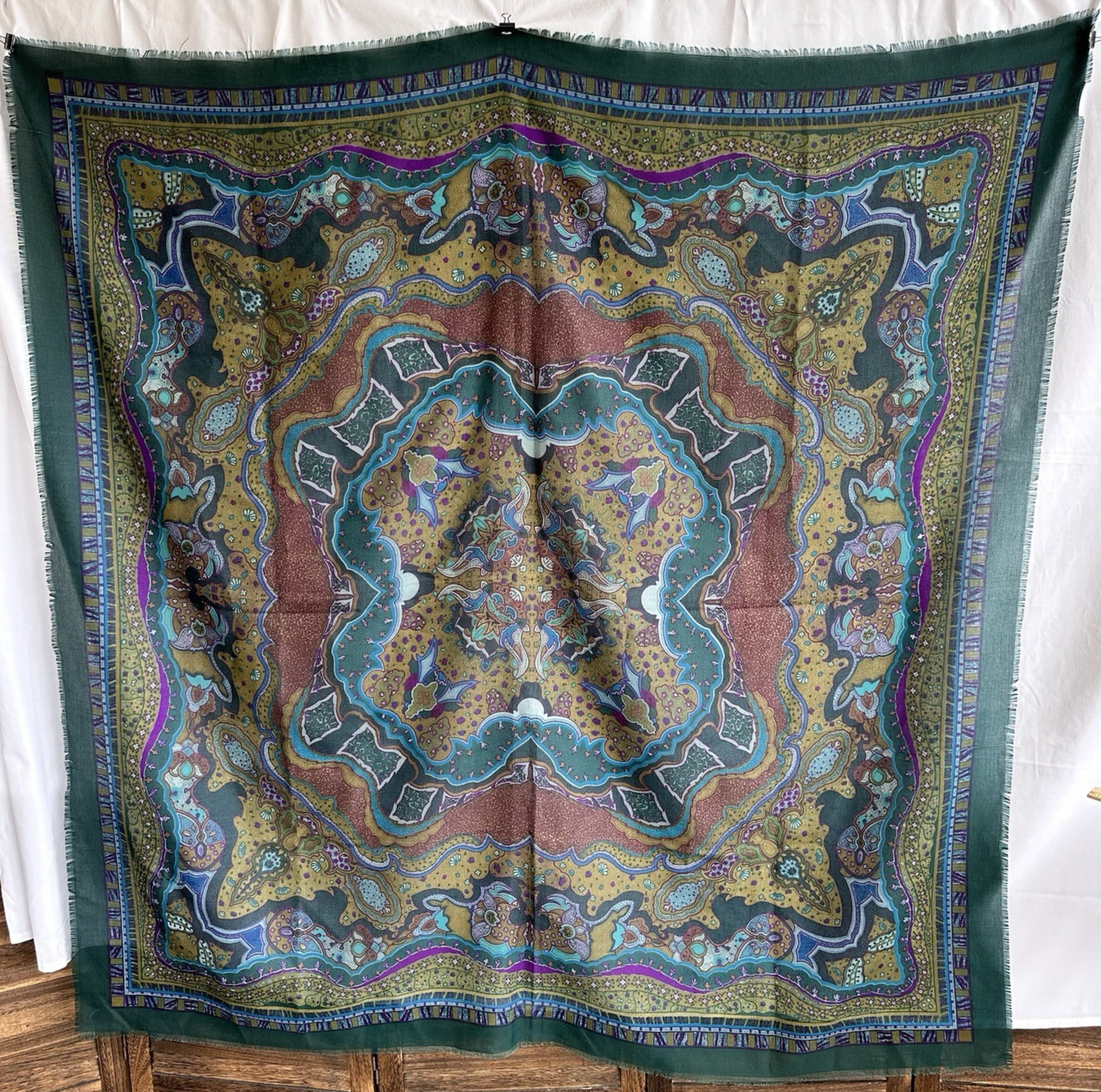 Scarf Shawl Wall Textile Teal Green and Blue PAISLEY w BORDER 54″ sq