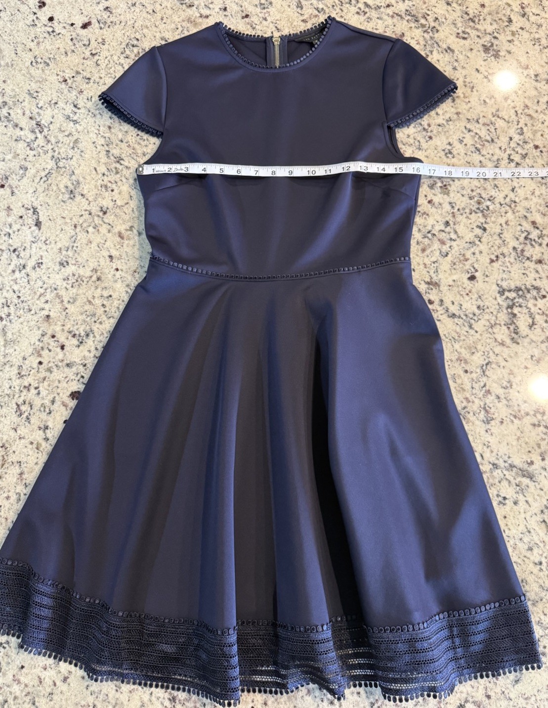 Ted Baker London Size 2 Navy Polyester Rohdia Skater Dress Mesh Trim Pockets Zip