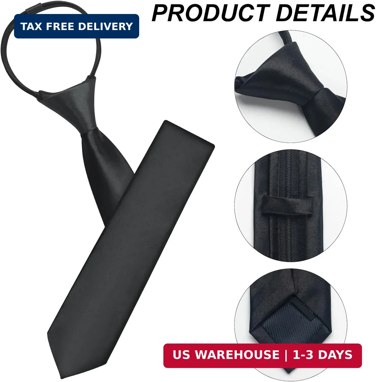 Men’s Pre-Tied Necktie, Adjustable Zipper Skinny Ties for Men, Solid Color Black