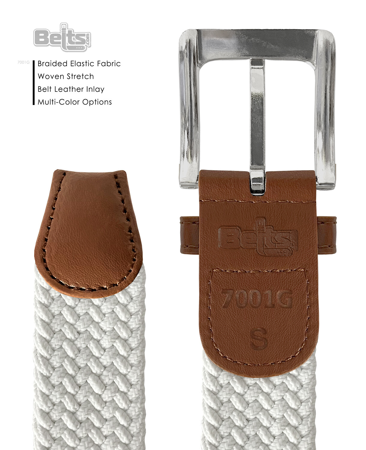 White Stretch Belt Braided Elastic Casual Weave Canvas Fabric Woven Belt 1-3/8″