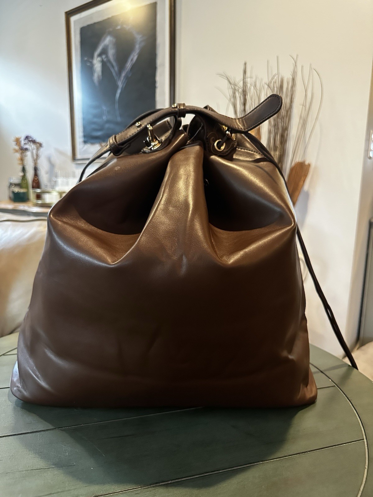 Inside Out Women Brown Bucket Drawstring Bag | Detachable Strap | Gold | Pockets