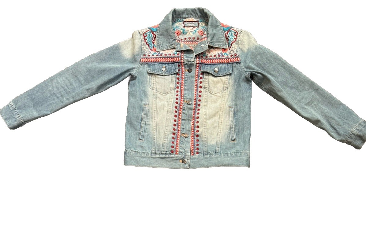 Johnny Was Oman Embroidered Denim Jean Jacket Women’s Boho Artsy Colorful XS