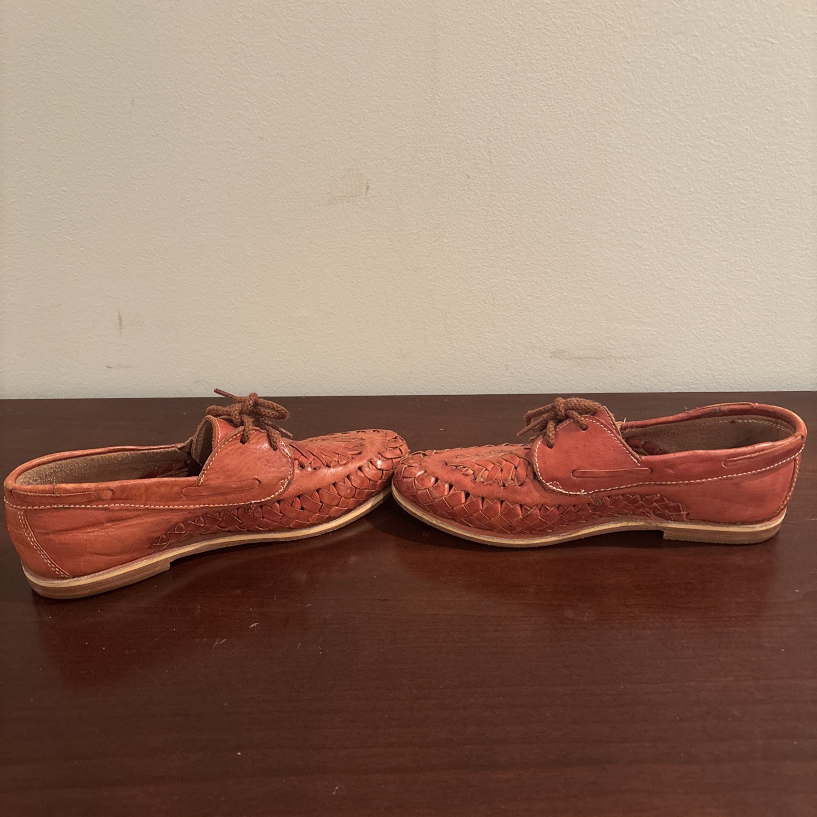 Vintage Olee Originales Tan Woven Leather Huarache Oxford Flats Lace Up Mexican
