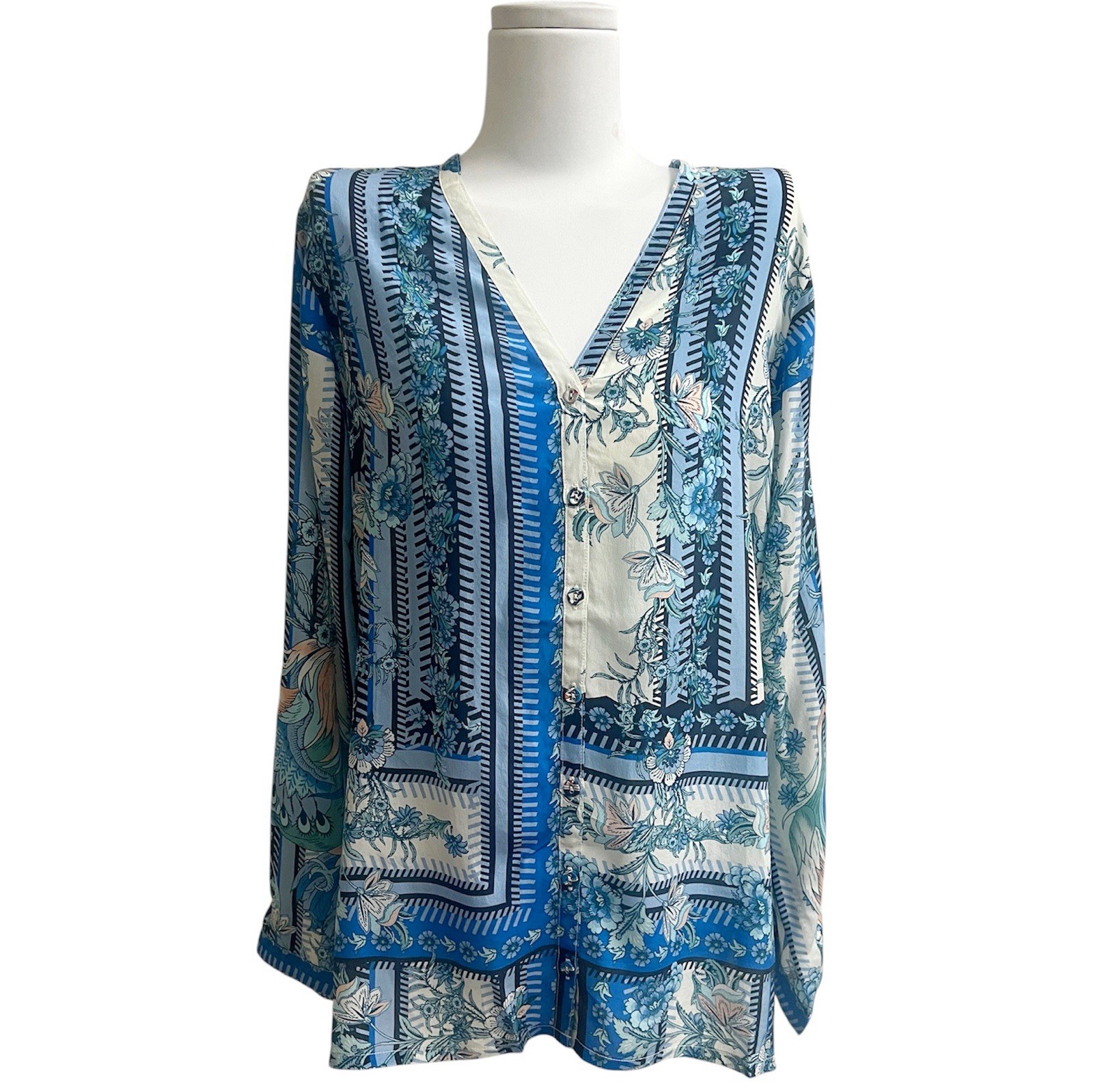 Johnny Was Marritt Revive Jacky Silk Long Slv Button Down Shirt V Neck Blouse S