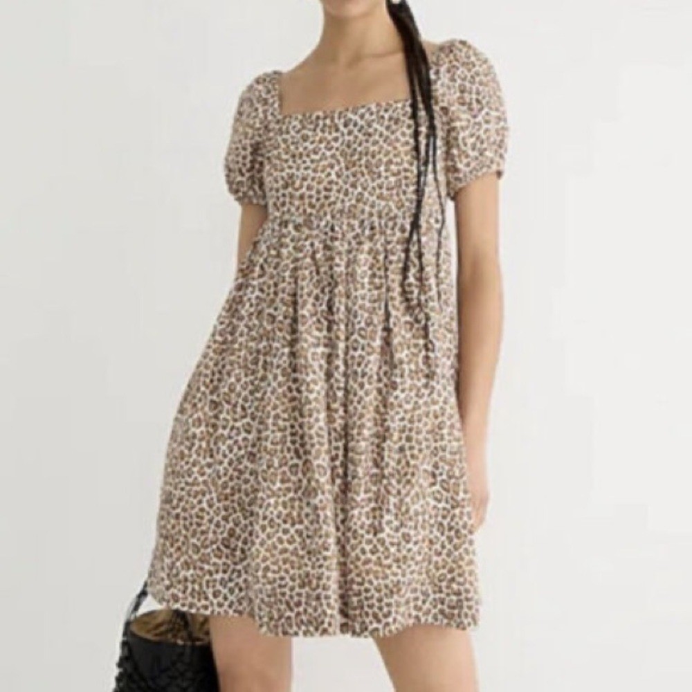 J Crew Linen Cupro mini baby doll smoked dress in Leopard print square neck