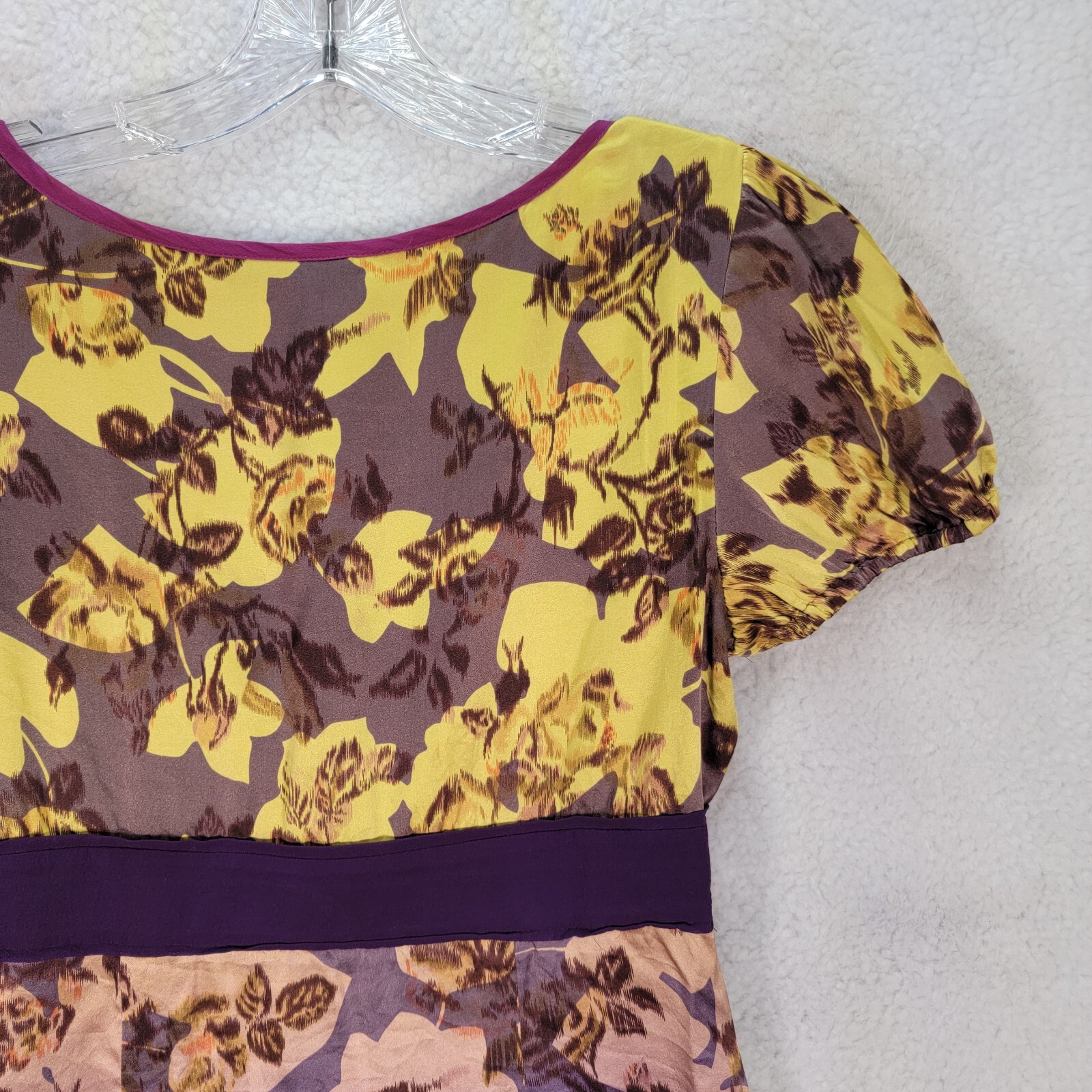 Marciano Women Top Size S Yellow Floral Ombre Silk V Neck Y2K Puff Sleeve Blouse