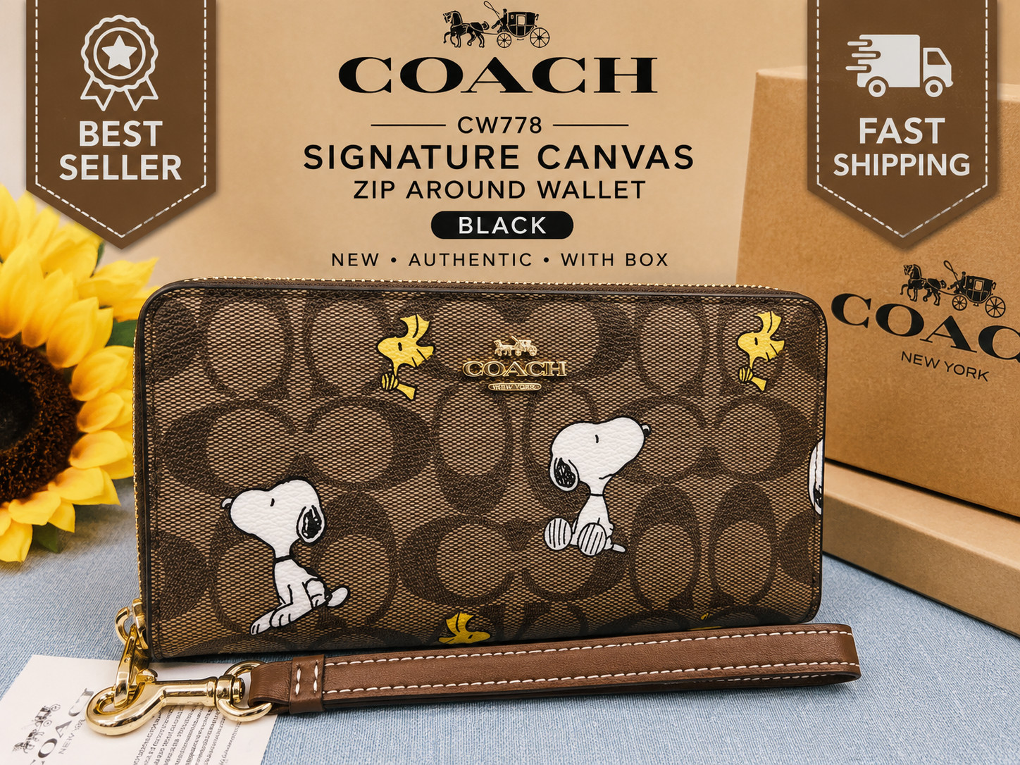 COACH x PEANUTS Long Zip around Wallet Snoopy Woodstock brown Signature F/S