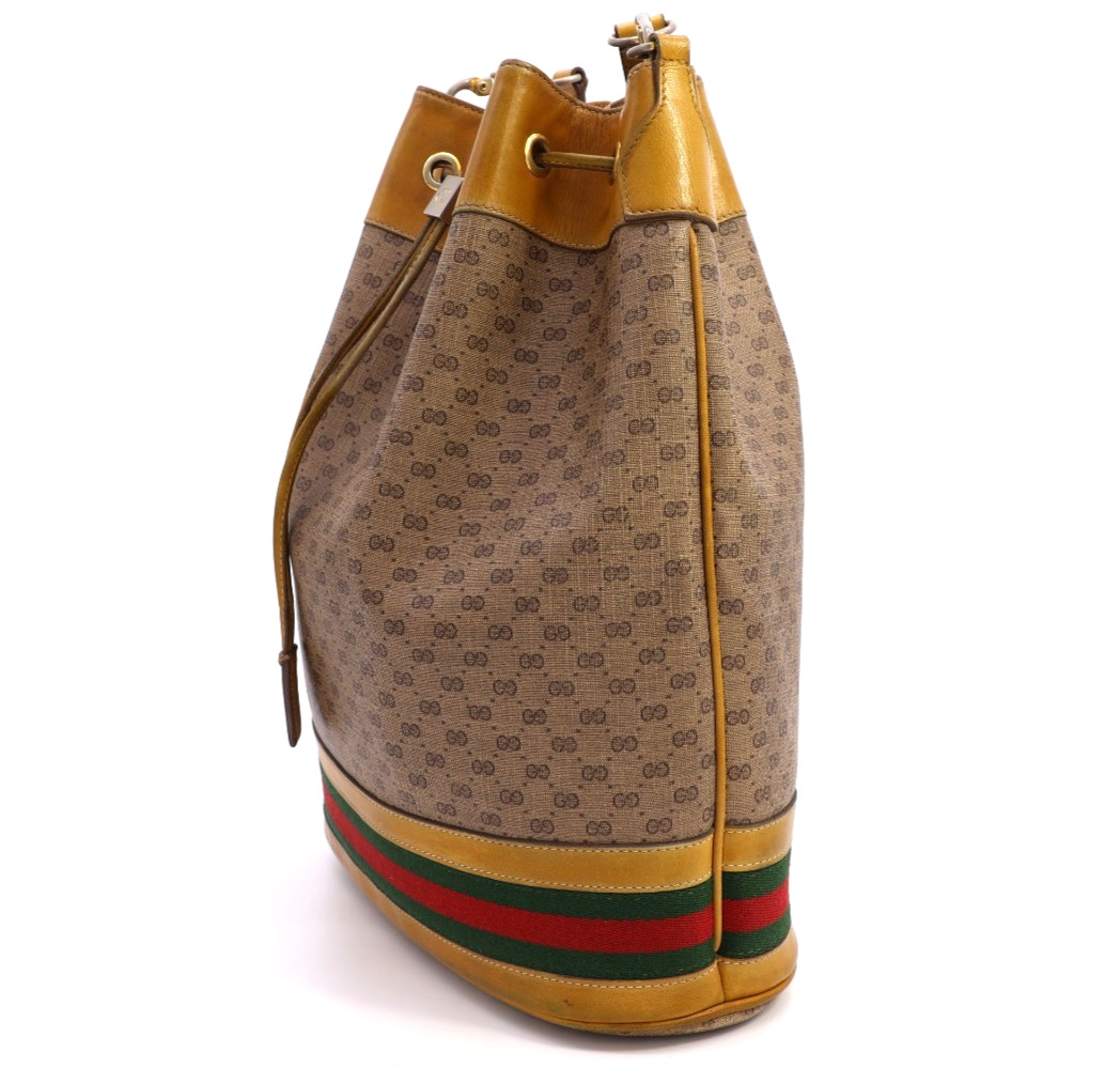 GUCCI VINTAGE Drawstring Shoulder Bag Sherry Micro-GG Camel Classic Authentic