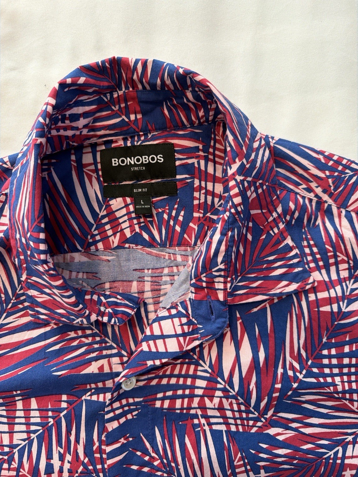 Bonobos Stretch Mens Large Slim Fit Button Down Red Blue Geometric Short Sleeve
