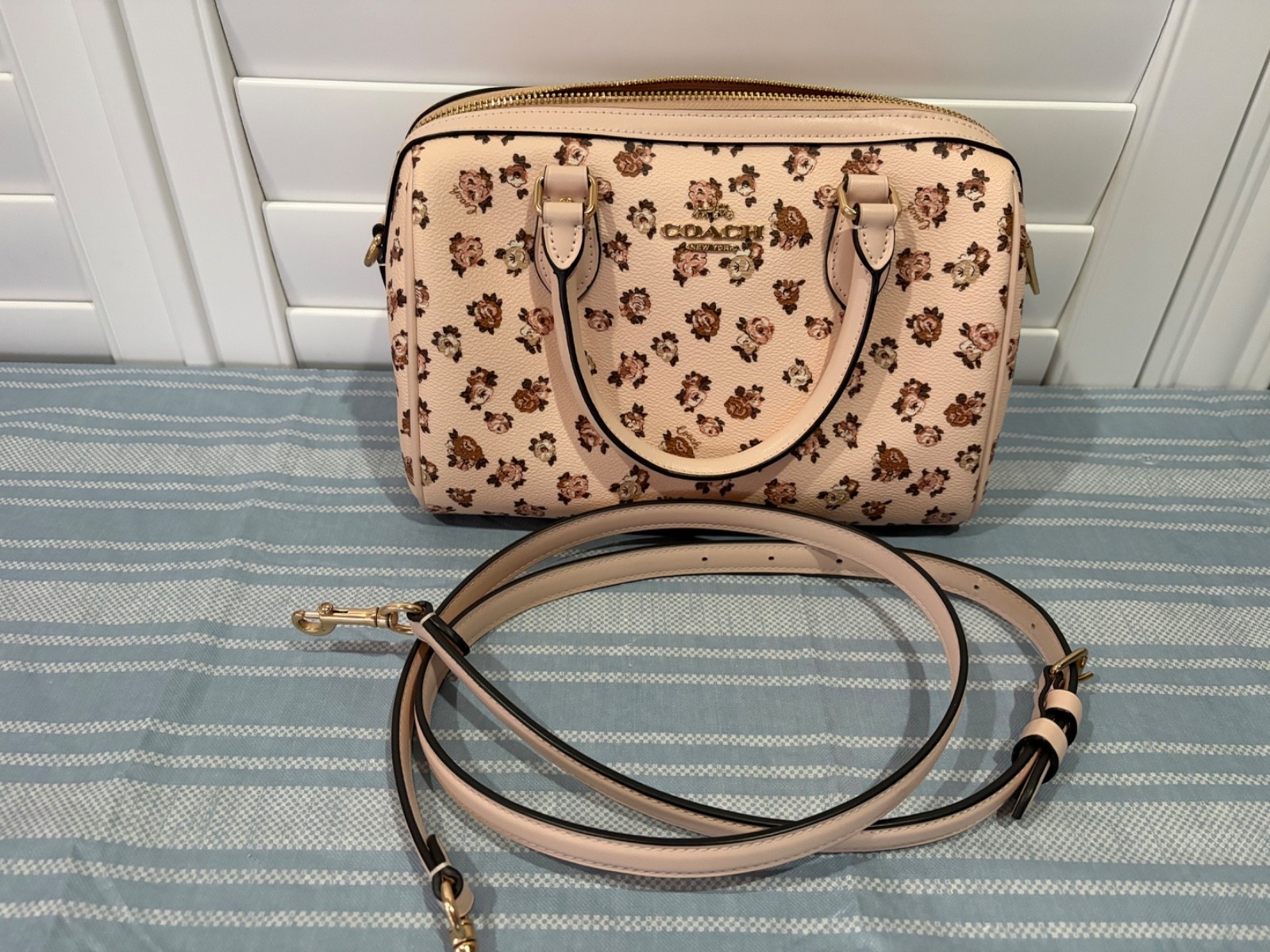 Coach Rowan Satchel Bag Rose Print Coated Canvas Blush