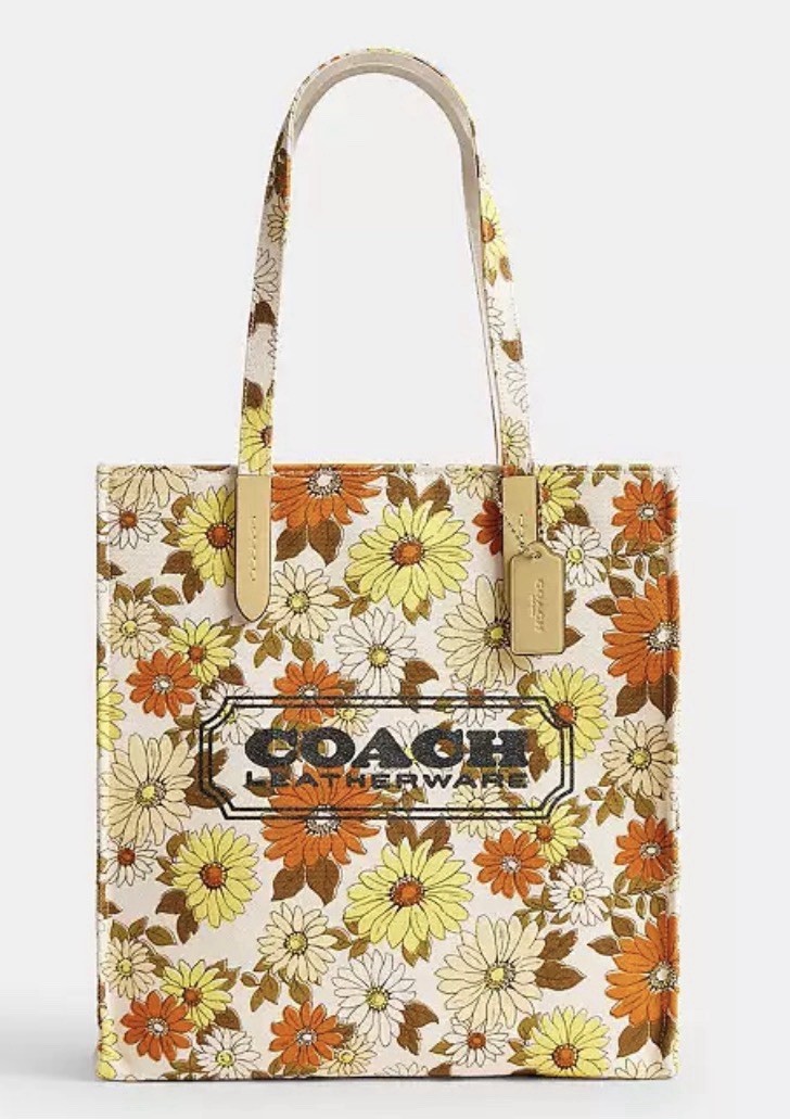 Coach Canvas Tote Bag With Floral Print (CDW60) – Gold/Vanilla Sunflower – NWT