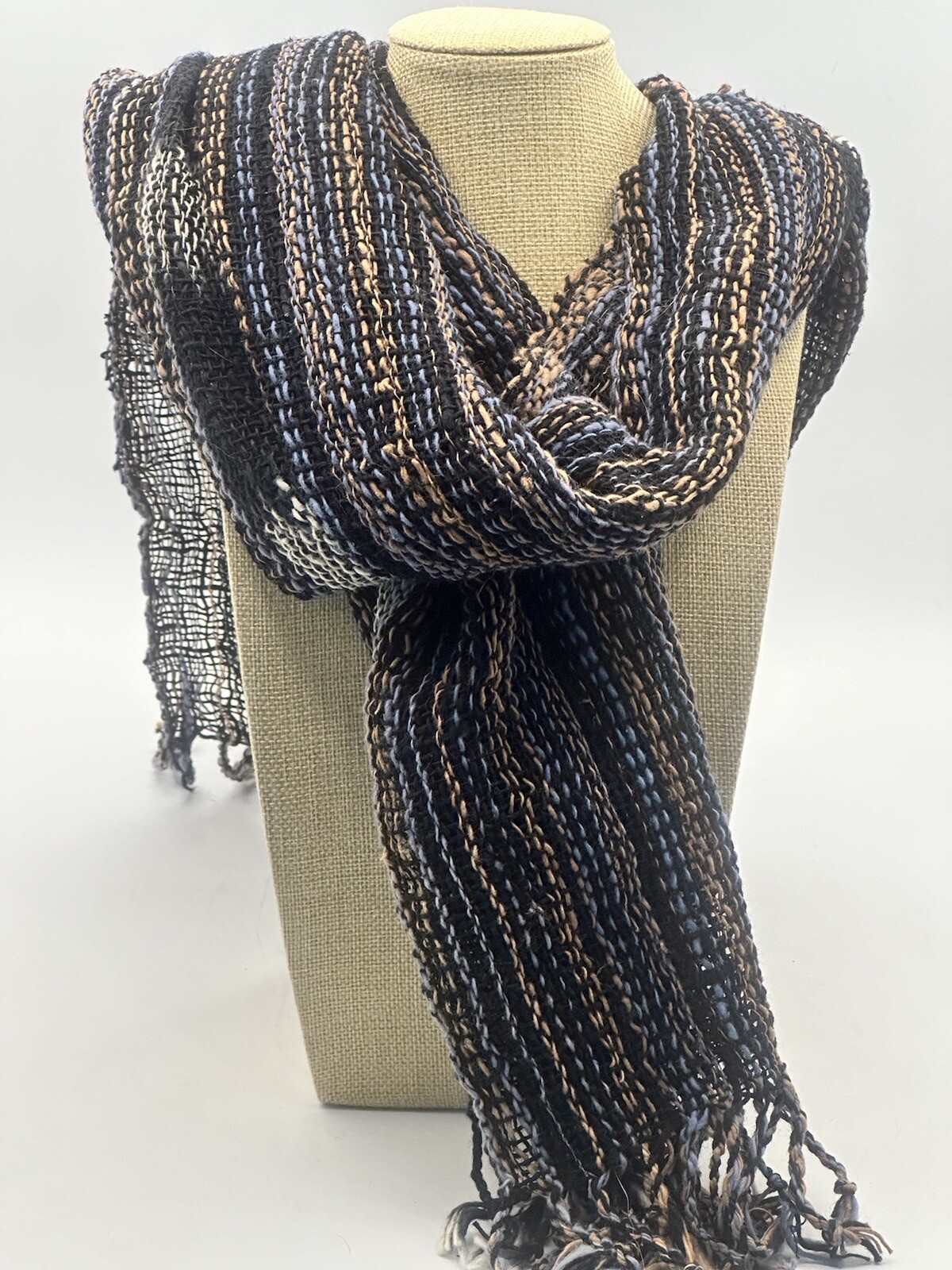 Hand Woven Scarf Hemp Open Weave Blue Tan Black & White