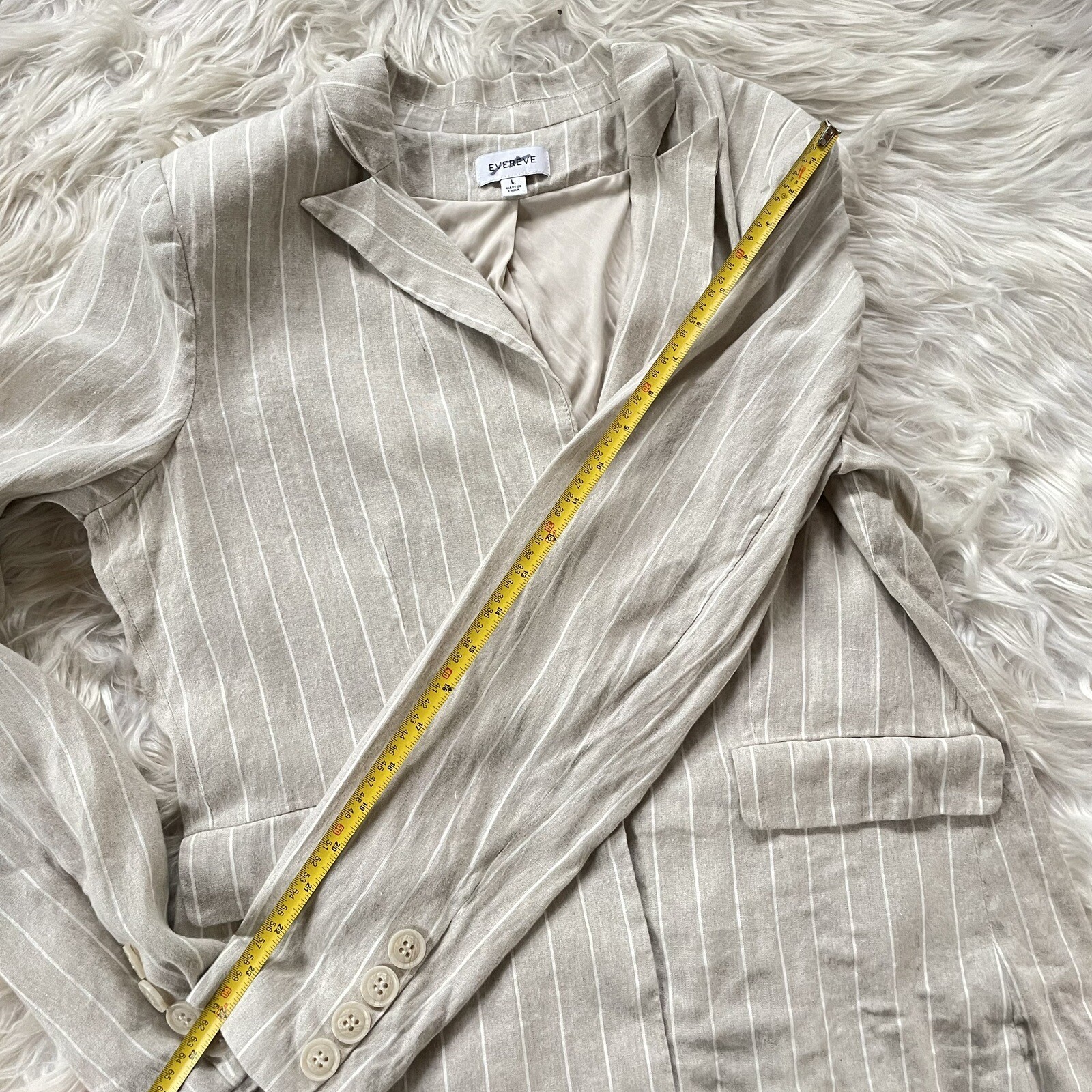 Evereve Clarkson Blazer Womens Large Linen Tan Pinstripe Office Academia Preppy