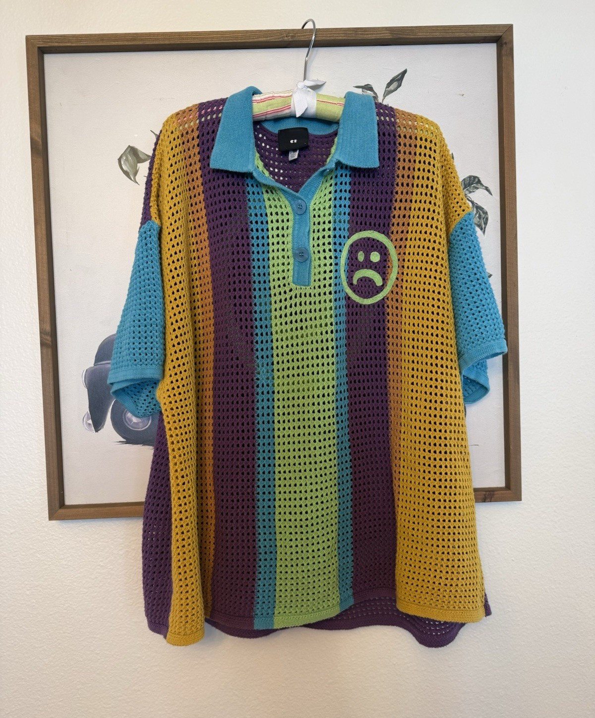 Lazy Oaf Womens L Multicolor Striped Open-Knit Collared Short Sleeve Sweater