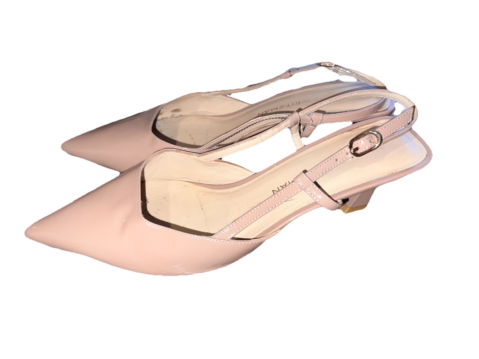 Stuart Weitzman Beige Patent Leather Pointed Toe Slingback Buckle Heels 10