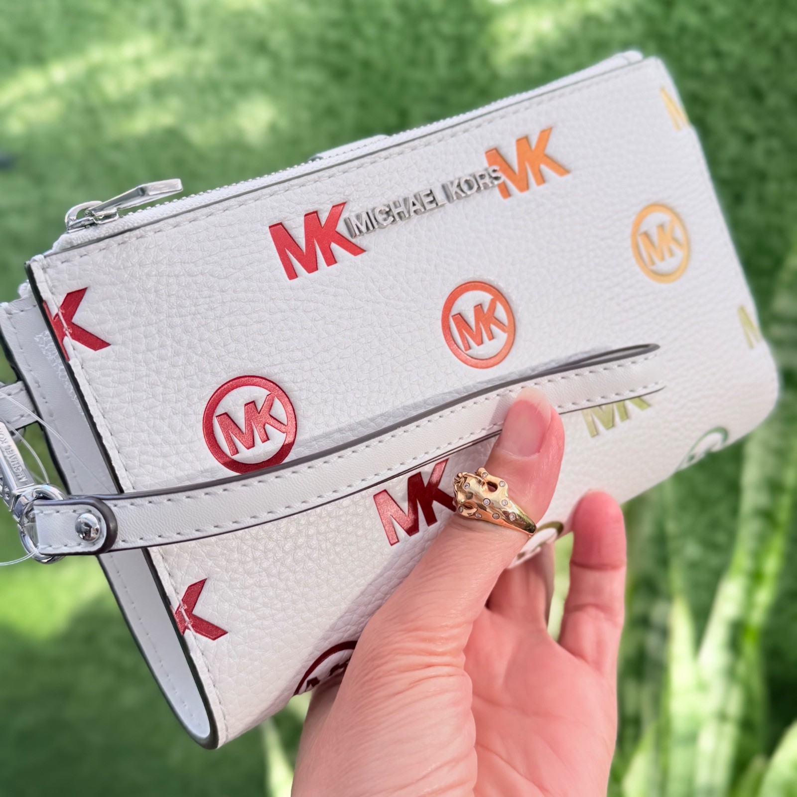 Michael Kors Jet Set Travel Double Zip Wristlet Wallet MK Rainbow Optic White