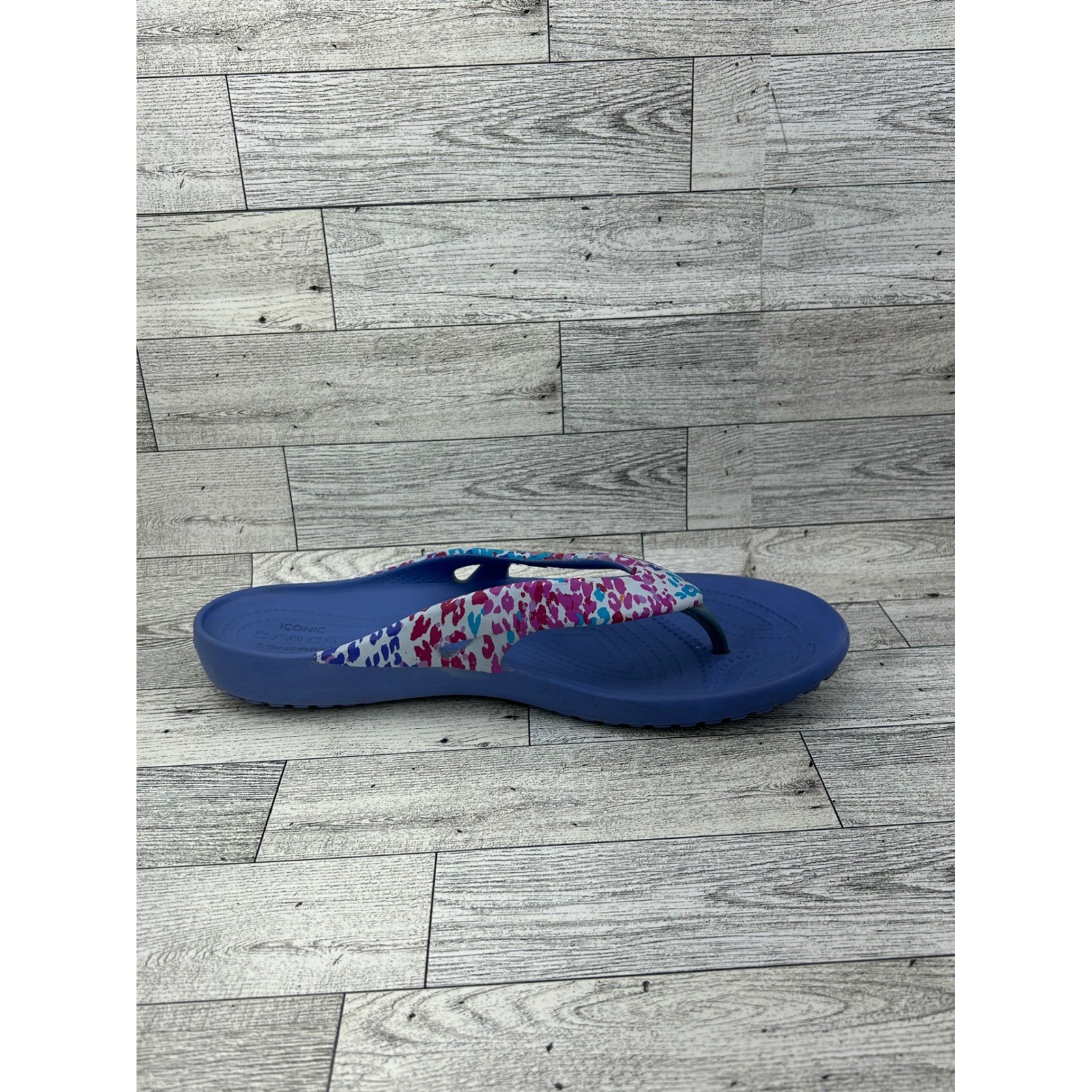 Crocs Kadee II Flip Flops Women Size 10 Blue Multi Color Leopard Print Sandals