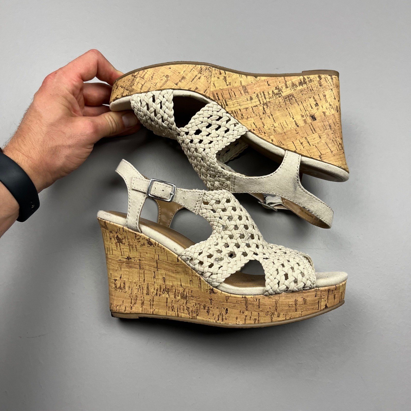 SO Taffy Wedge Sandals Womens 9 Natural Tan Woven Cork Platform Strappy Kohl’s