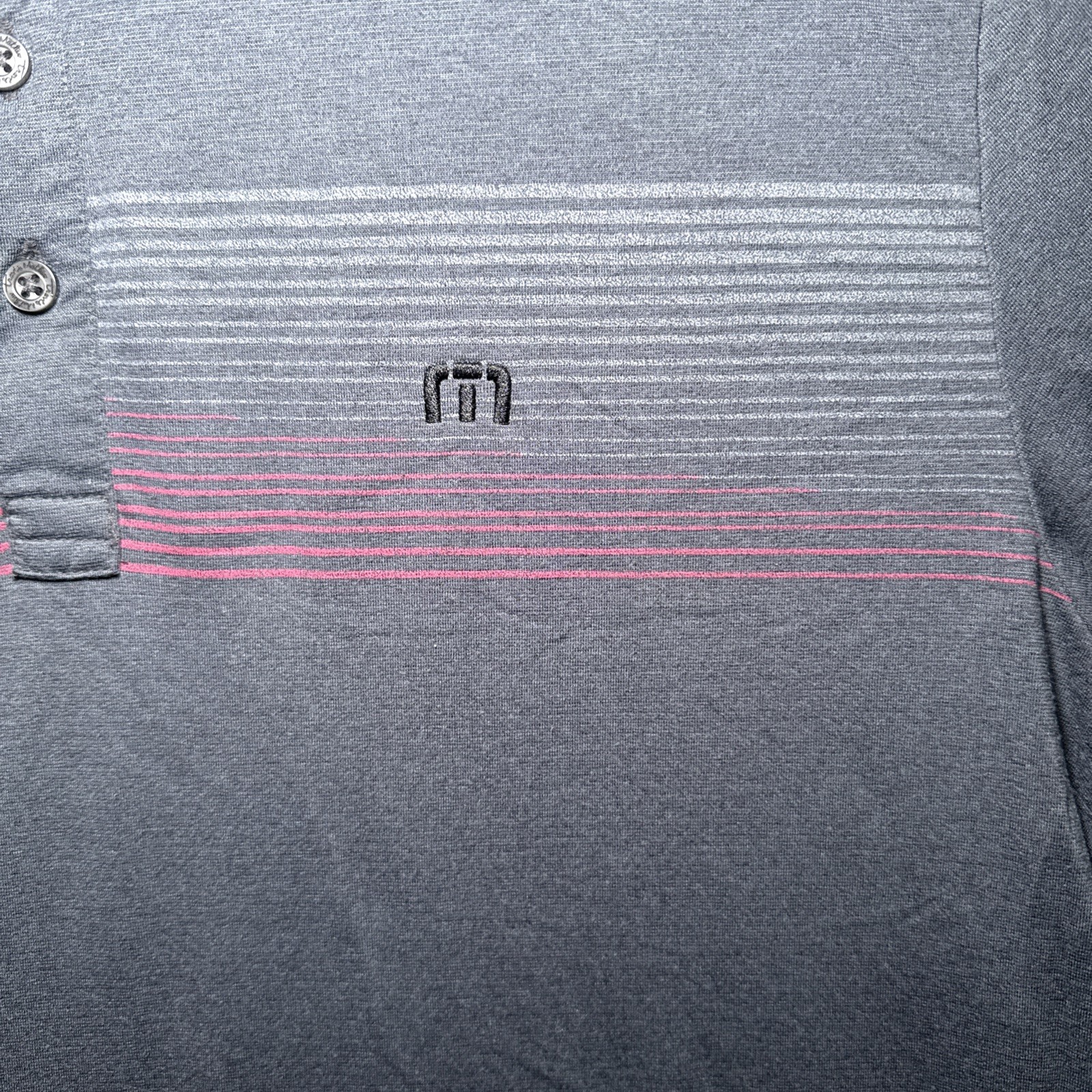 Travis Mathew Polo Shirt Men’s Large Gray Striped Gray & Red With Black Logo