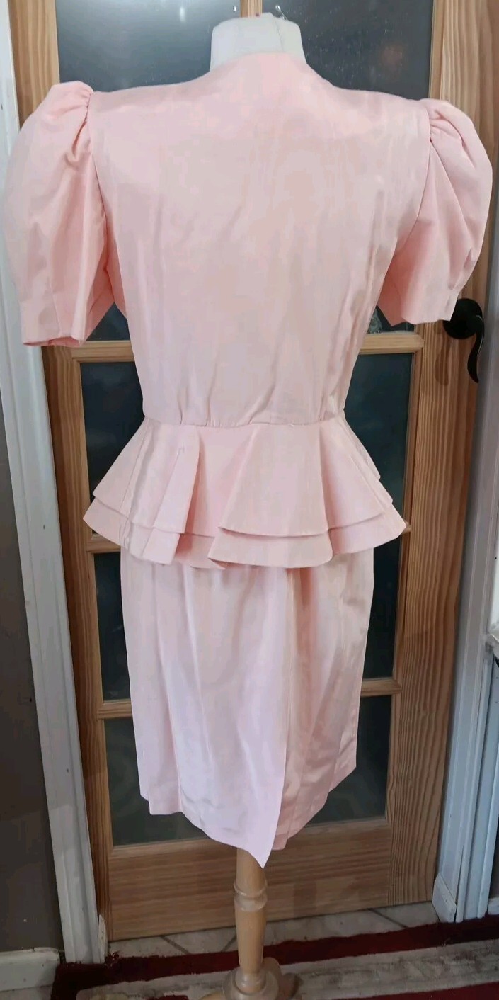 Vintage 80s Skirt Set Pretty In Pink Peplum Belt Bow Puff Sleeve Pantagis Sz 12P